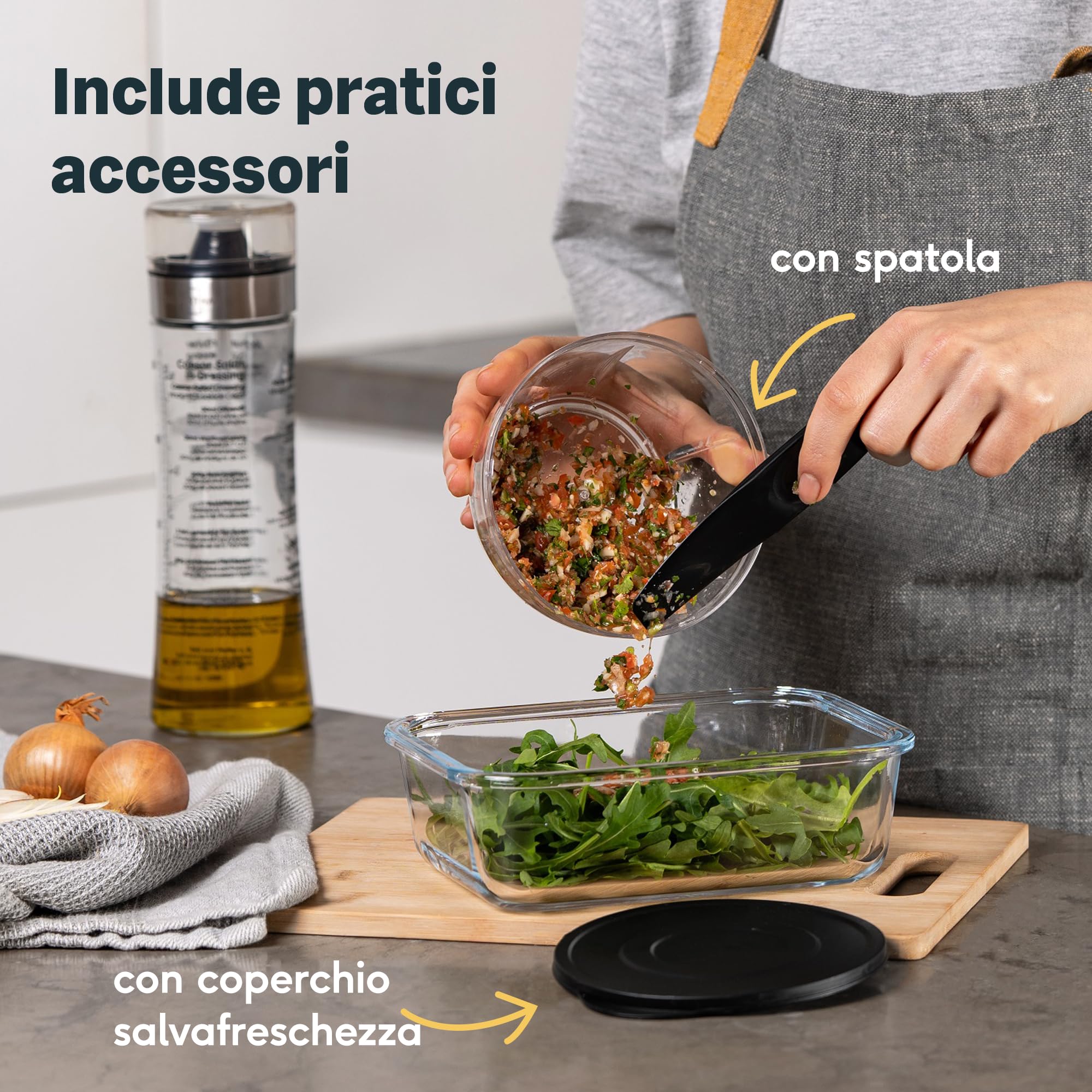 SILBERTHAL Tritatutto manuale a corda 500ml - Acciaio inox - 5 secondi - Con coperchio e raschietto - Per cipolle, aglio, erbe aromatiche