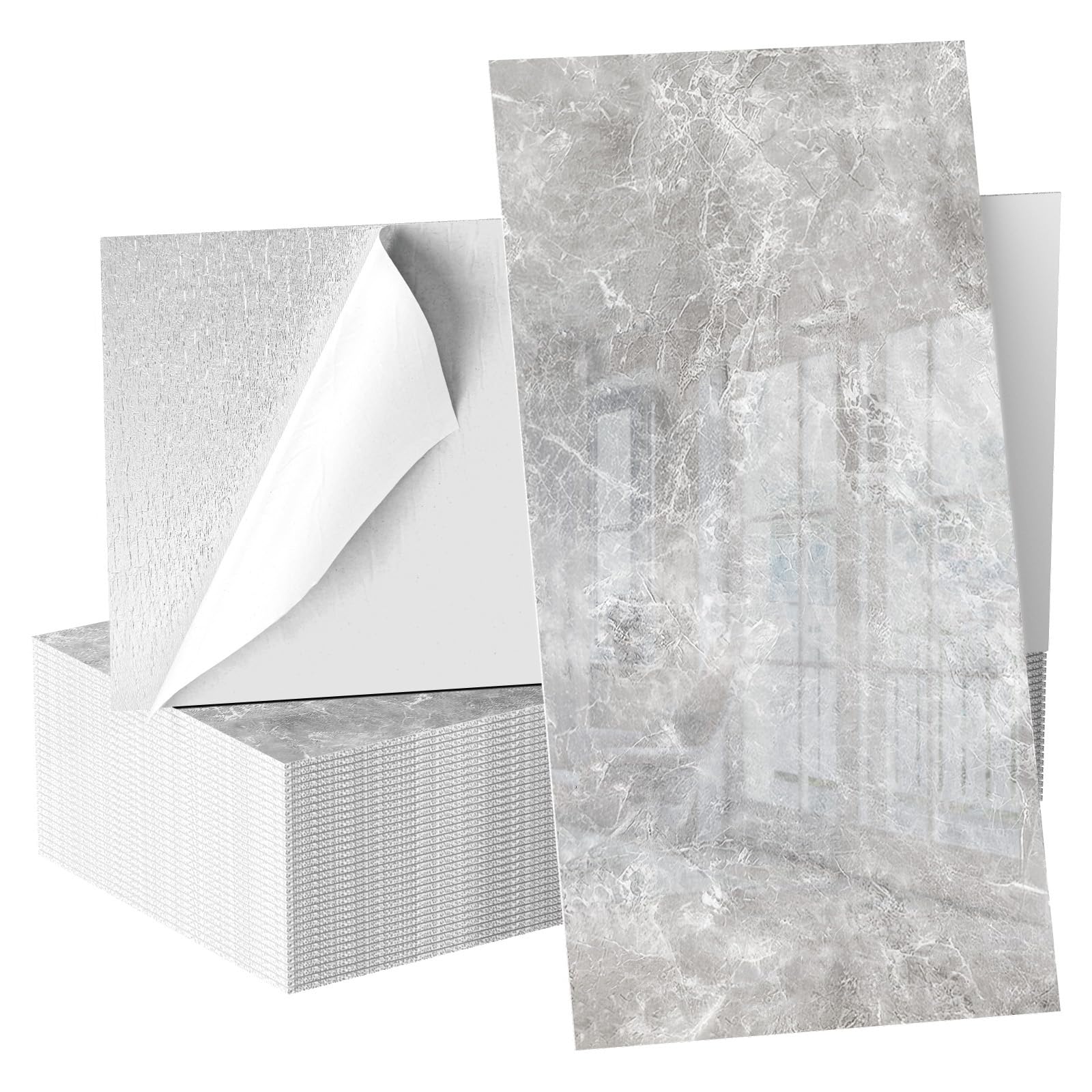 Gray Peel and Stick Marble Tile Stickers, 30 x 60 cm Large Self Adhesive Wall Tiles, 40 Pack PVC Marble Tile Decals for Kitchen Backsplash Bathroom Wall Decor, Water Resistant Removable Tile Film