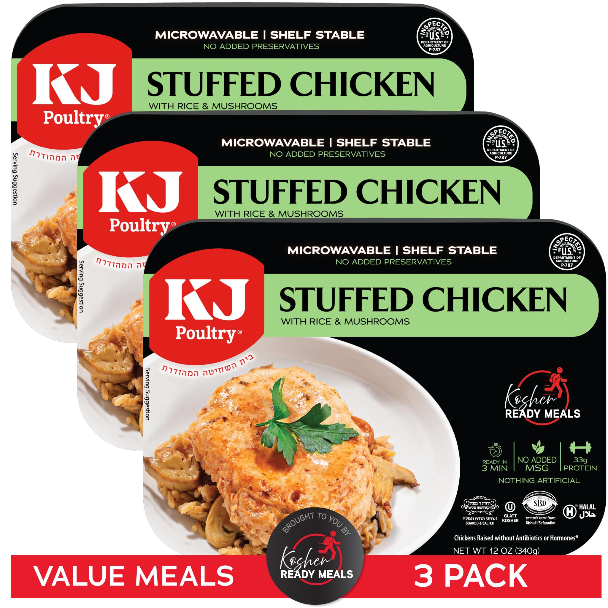 KJ Poultry Kosher Ready Meals - Stuffed Chicken Breast Rice, MRE Meat Meals Ready to Eat, Gluten Free, Halal, (3 Pack) Prepared Entree Fully Cooked, Shelf Stable Microwave Dinner, Travel Military