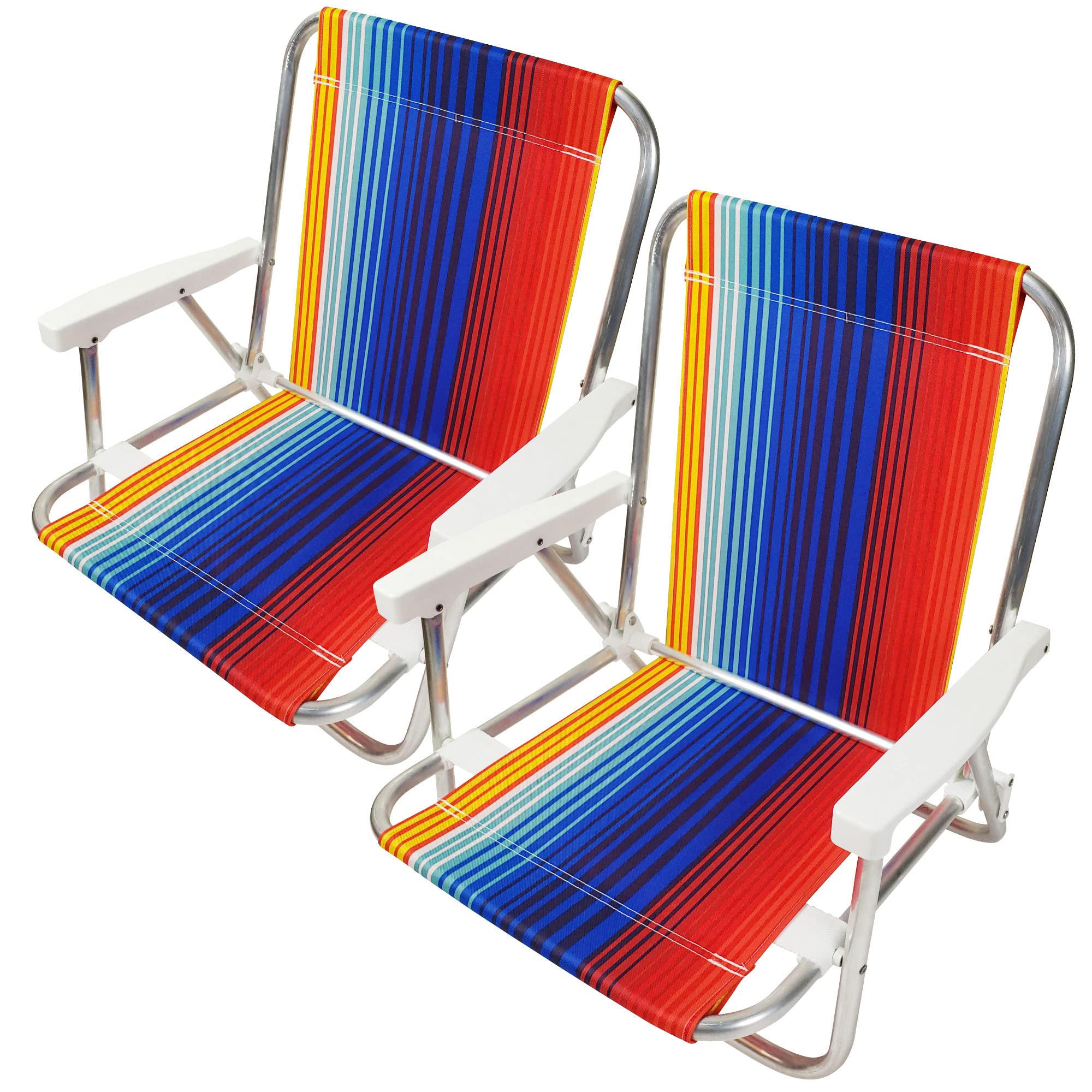 Beachland 1 Position Aluminum Folding Sand Chair with Armrests - Lightweight Beach Chair - Small and Portable (2 Pack, Blue-Red Stripes)