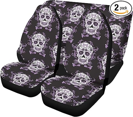 Mexican Sugar Skull Car Seat Covers and Bright Floor Mats – Dia de Los Muertos Calaveras Auto Upholstery Protection for Festive Vehicle Style (4pcs Front+Back mats)