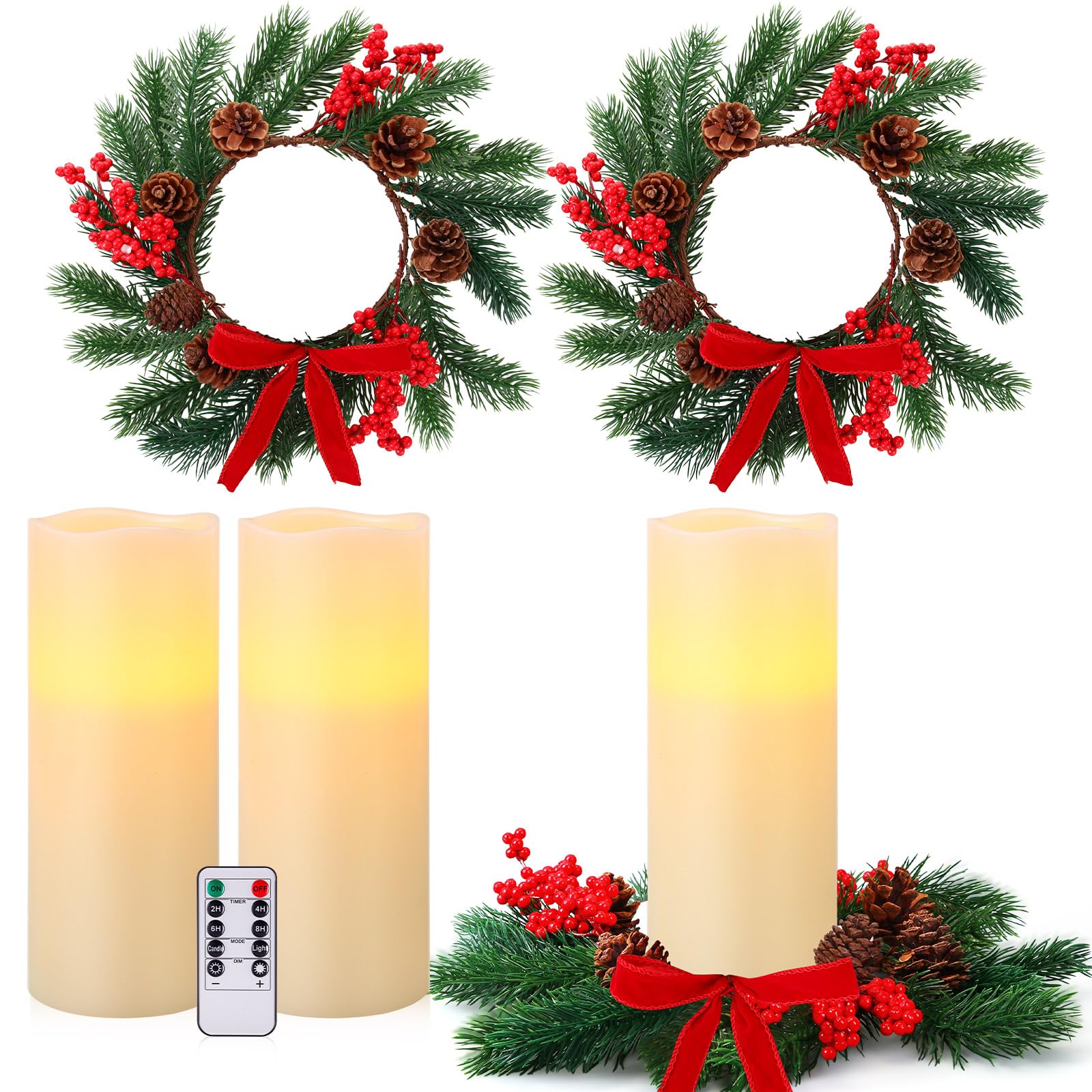 Retisee Set di 2 centrotavola natalizi per tavoli, candele, ghirlande, candele senza fiamma, candele senza fiamma, a batteria, con telecomando, luci LED per feste di Natale (25,4 cm, colore avorio)