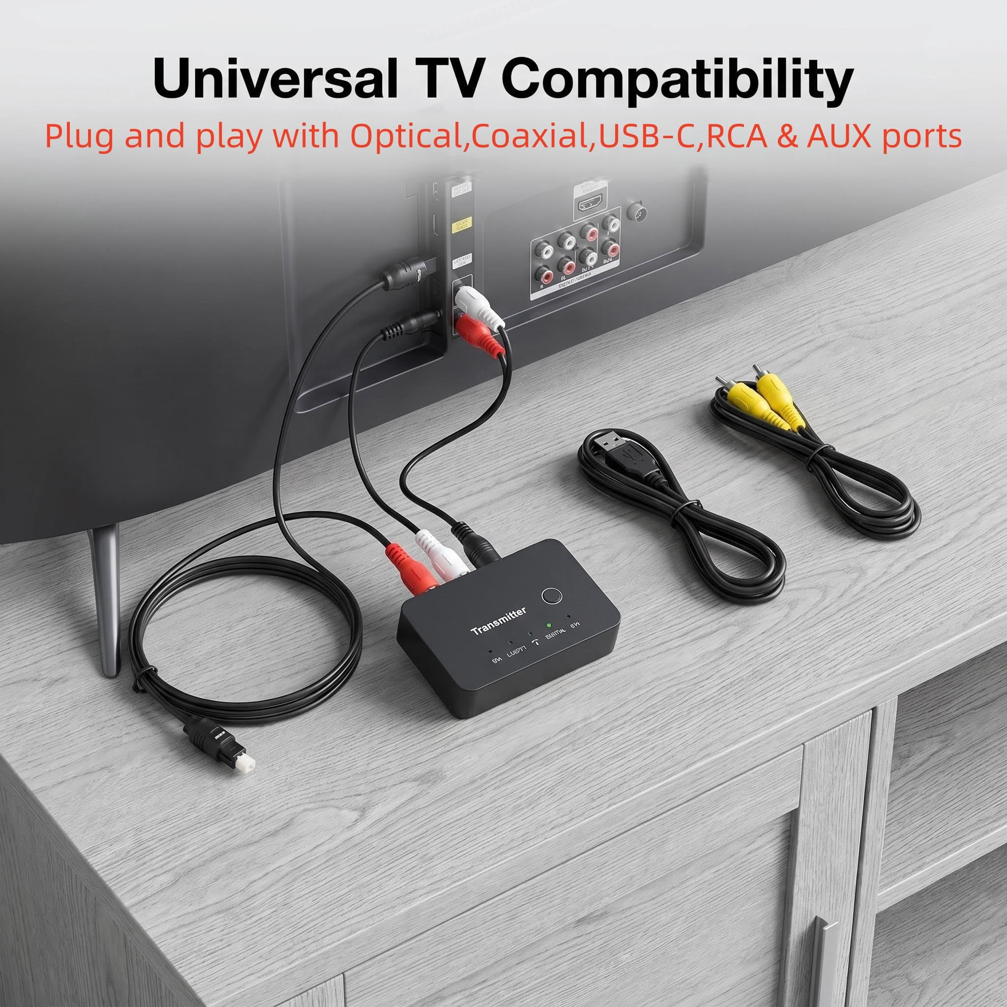 Auriculares Inalámbricos para TV con Transmisor 2.4G 1 a 2, Baja Latencia Inmersivo para Personas Mayores, Compatible con Óptica Coaxial USB RCA AUX Bluetooth 5.4, Alcance 50m, 5 Modos EQ