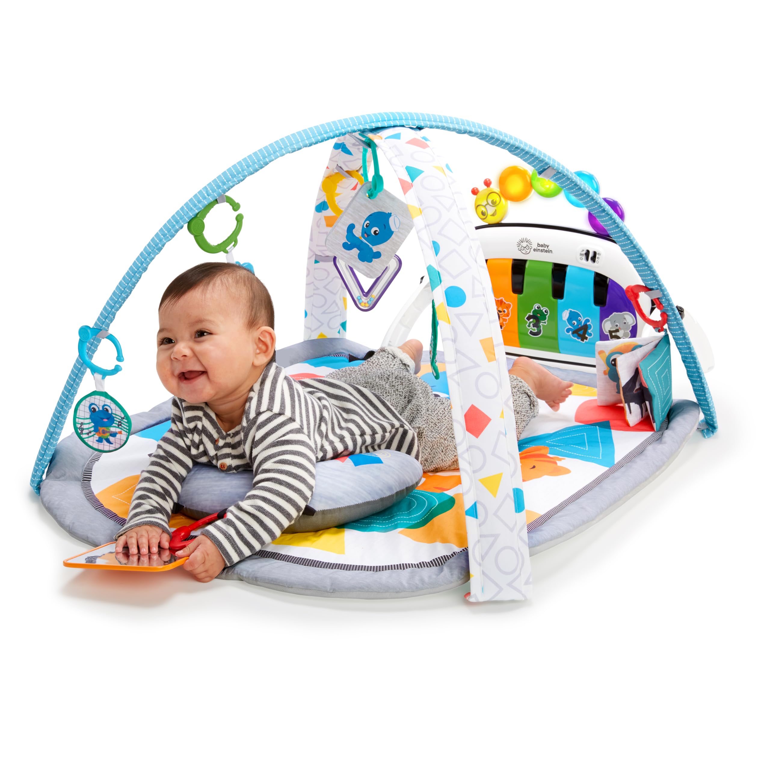 Baby Einstein, Tapis Musical D’Éveil pour Bébé 4 en 1 Kickin' Tunes avec Piano, 70+ sons, 25+ min de musique et lumières, arche de jeu,7 jouets d'activité amovibles, 4 langues, dès la naissance