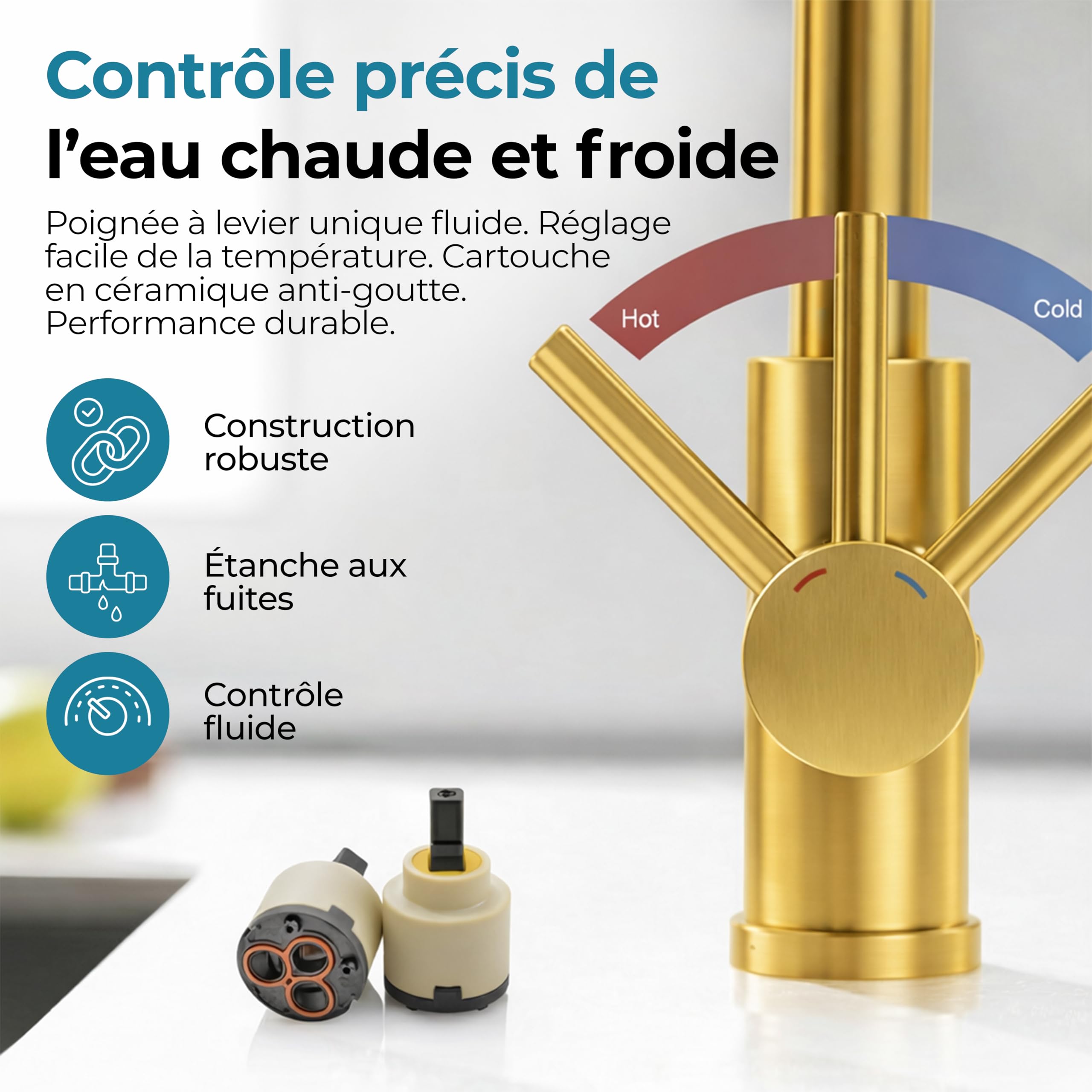 MELTA.® Robinet Cuisine Or Brossé Douchette Extractible Pivotant 360° – Mitigeur Cuisine Évier Arc Élevé en Acier Inoxydable, Robinet Flexible avec 3 Modes Jet, Tête Pulvérisation Extractible
