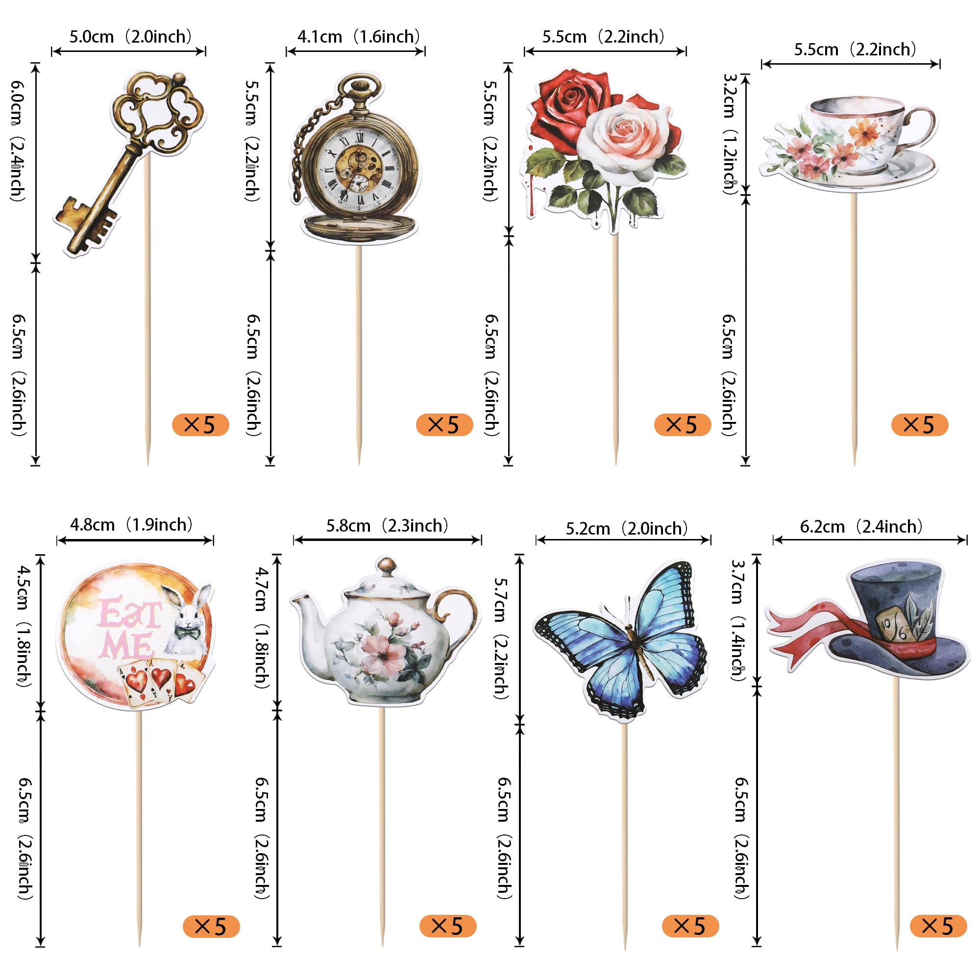 Rsstarxi 40 Pack Alice Cupcake Toppers Butterfly Flower Bowl Key Clock Eat Me Cupcake Picks Tea Party Cake Decorations for Baby Shower Birthday In Wonderland Party Decorations