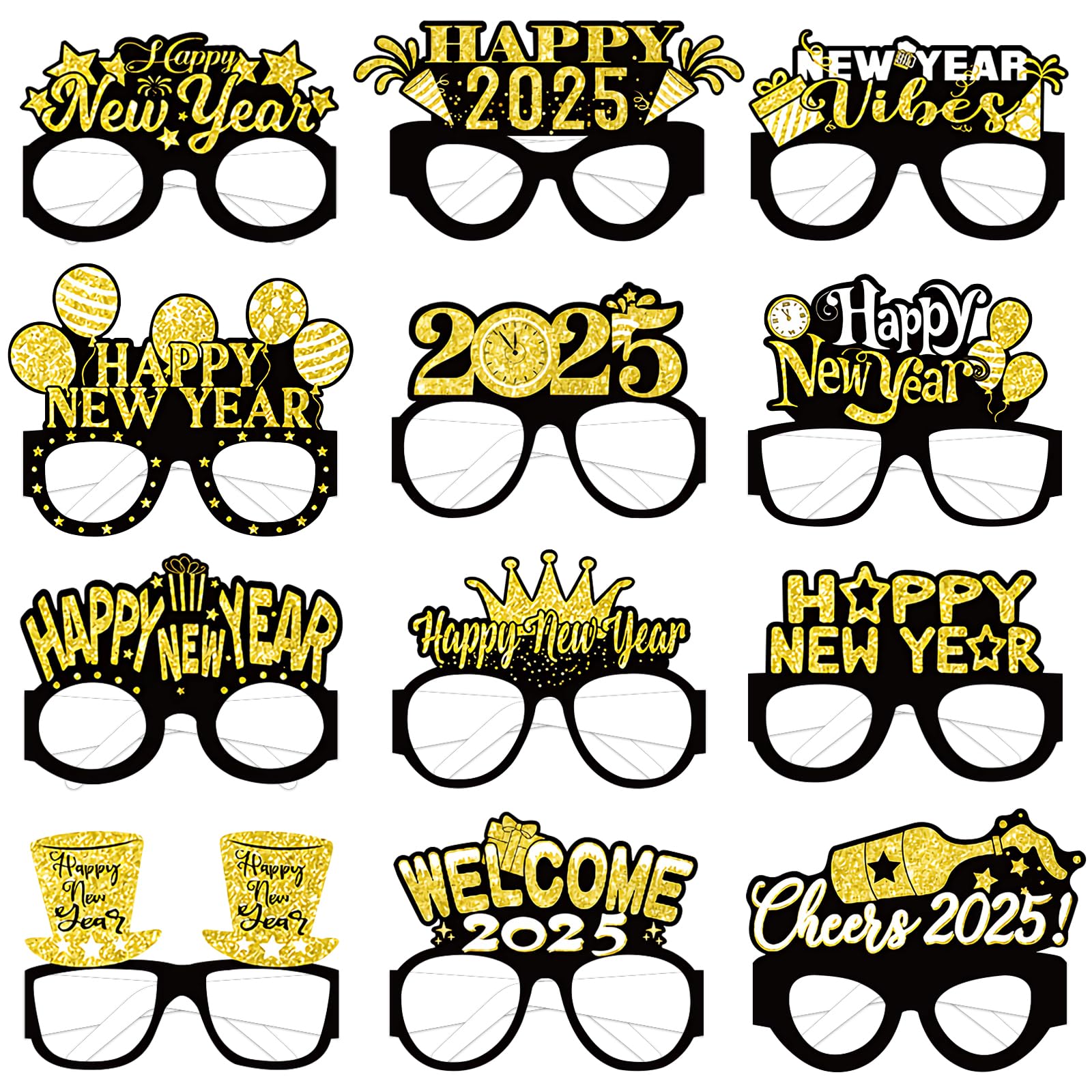 Runloon 12pcs New Year Glasses - Black & Gold 2025 NYE Party Supplies, Happy New Year Photo Booth Props