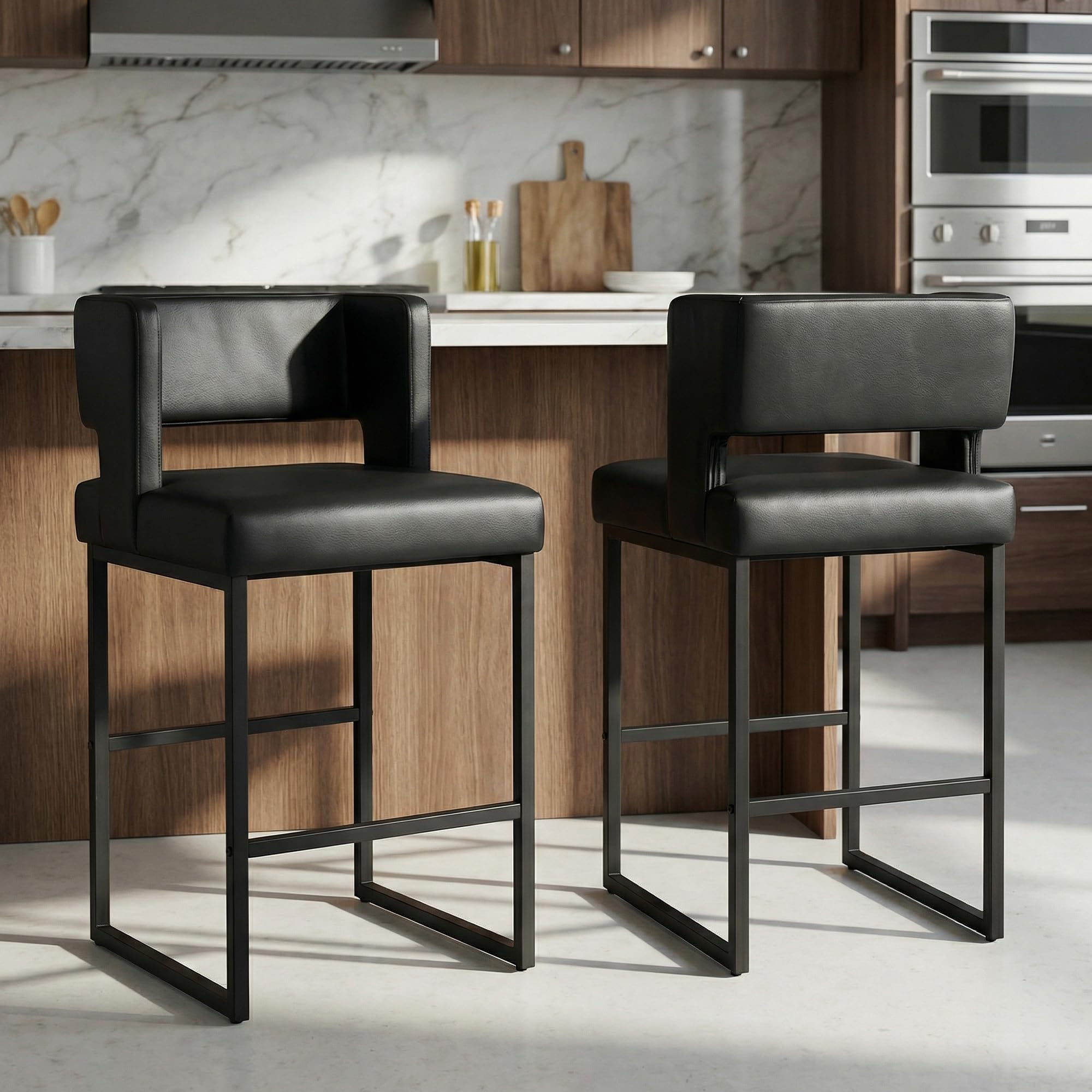Hommoo 26” Bar Stools Set of 2, Counter Height Bar Chairs, Modern Kitchen Island Stools with Back and Arm, Faux Leather Barstools with Metal Legs for Home Bar Cafe Pub Black