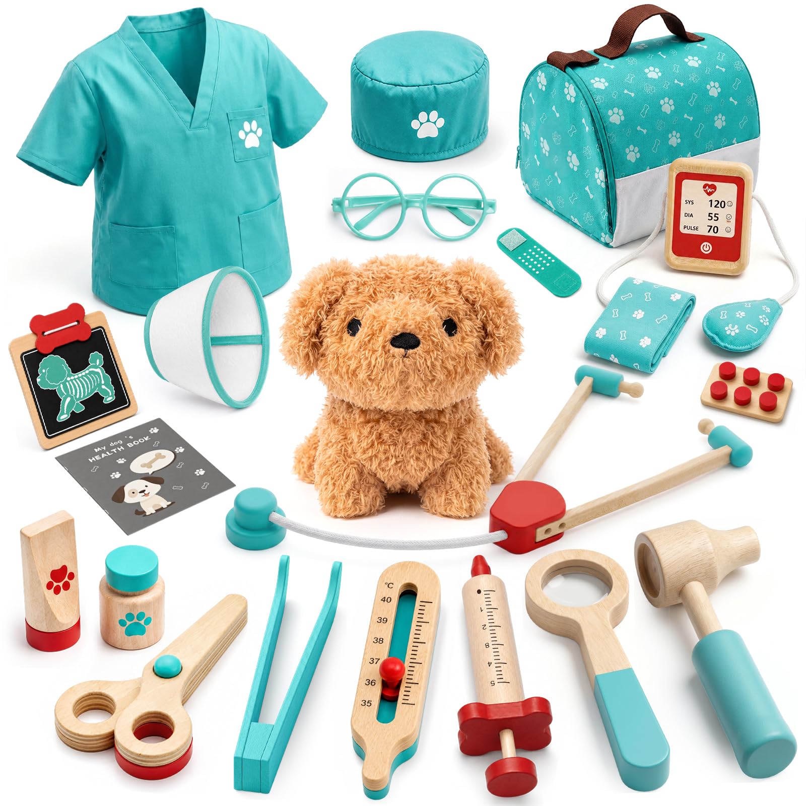 Valigetta Dottore Bambini, Kit Veterinario di Legno, Kit Dottoressa Bambina con Peluche Cane, Valigetta Dottoressa Bambina con Camice e Cappello, Giochi Bambini 3 Anni(Verde)