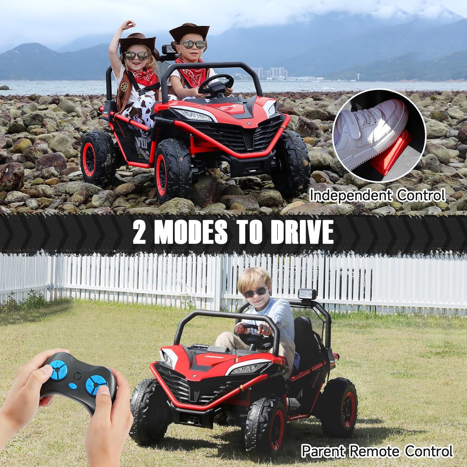 ELEMARA 2 Seater Ride on Car for Big Kids,12V 10AH Ride on Toy for Big Kids，Fast 4MPH Electric Off-Road Truck,Side by Side Vehicle Max 140lbs with Remote,LED Light,Bluetooth,3 Speeds，Red