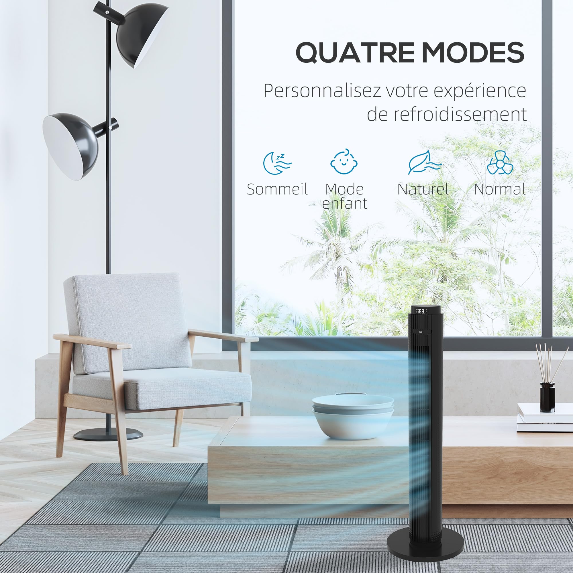 HOMCOM Ventilateur Colonne Silencieux 45 W, Ventilateur Tour pour Chambre à Coucher, 4 Modes, 3 Vitesses, Télécommande, Oscillant 70°, Minuterie 12H, Écran LED et Mode Veille, 96H cm, Noir
