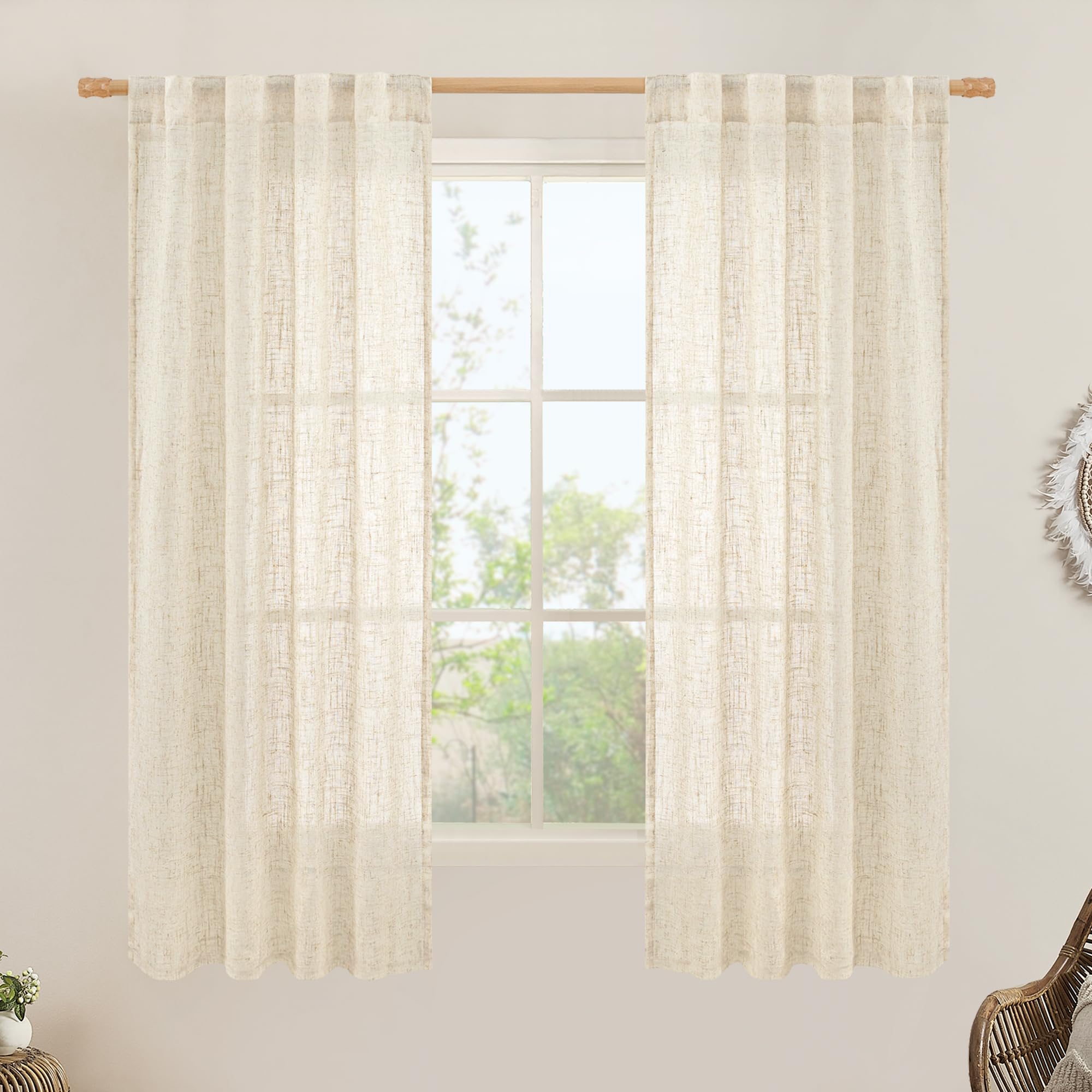 LAMIT Linen Curtains 60 Inch Length 2 Panels, Light Filtering Panels Back Tab and Rod Pocket Neutral Drapes for Bedroom/Window/Living Room, Beige, 34 x 60 Inch โ image 1