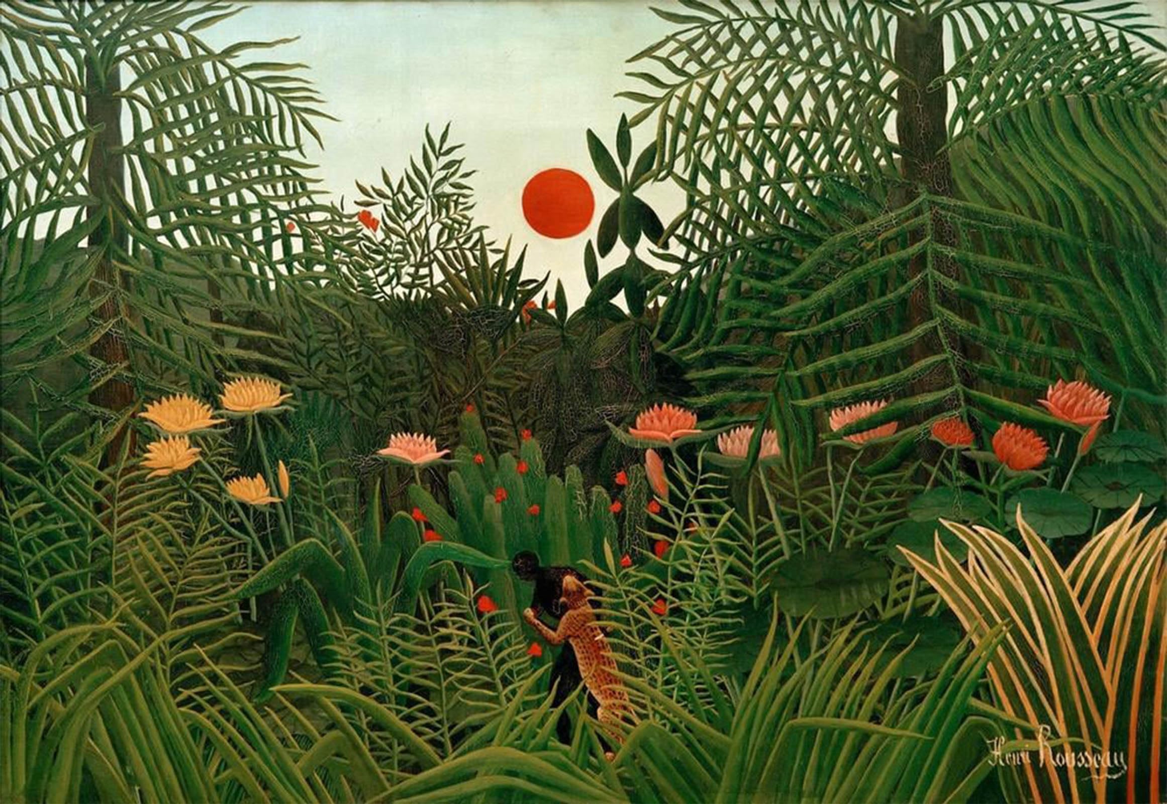 Artxlxxbn No Frame Famous Painting Canvas Artwork Graffiti Print Virgin Forest At Sunset Negro Attacked By A Leopard By Henri Rousseau Portrait Canvas Image For Home Decor 60X90cm