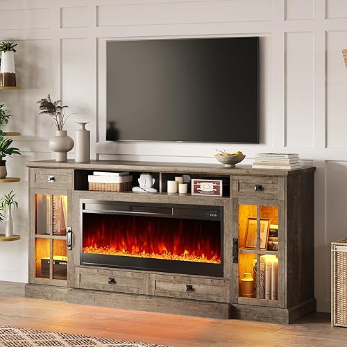 AMERLIFE 70” Fireplace TV Stand for 80 Inch TV, Farmhouse TV Stand with 42" Fireplace & LED Lights, Entertainment Center with Storage Drawers & Cabinets, Light Oak