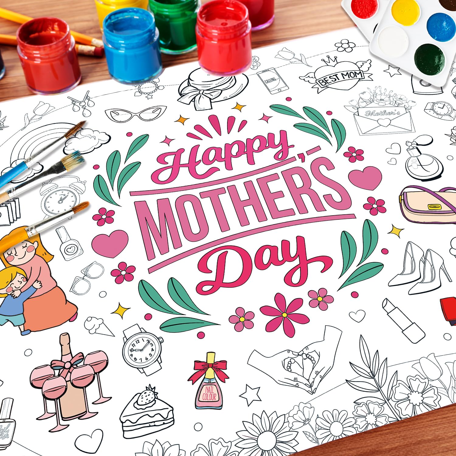 Happy Mother's Day Giant Coloring Tablecloth Poster - 43.3x31.5 Inch Disposable Banner For Kids Activities, Party Favors