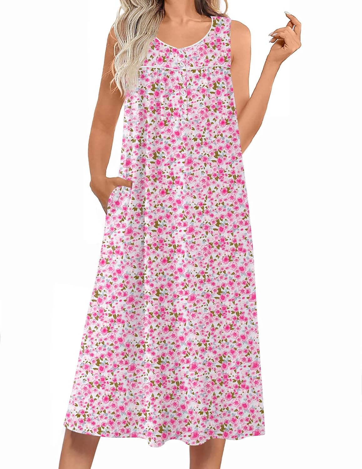 Ekouaer Nightgowns for Women Long Sleeveless Night Gowns Ladies Soft Nightdress Victorian Sleepwear with Pockets S-XXXL