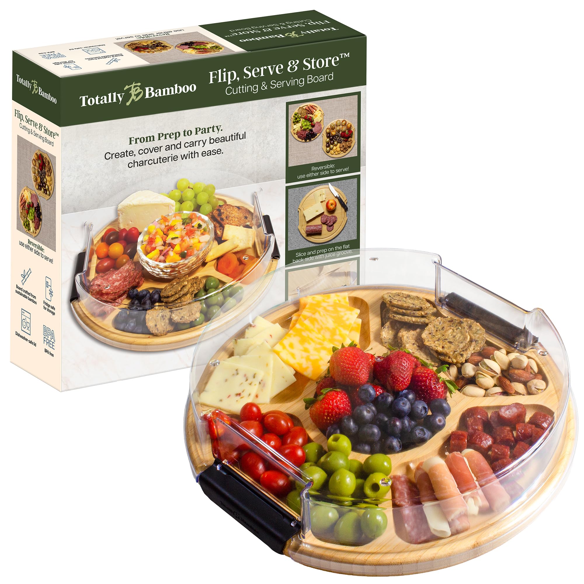 Totally Bamboo Flip, Serve & Store Charcuterie Board with Lid – Reversible Cutting Board & Serving Tray with Compartments, Juice Groove Side, Locking