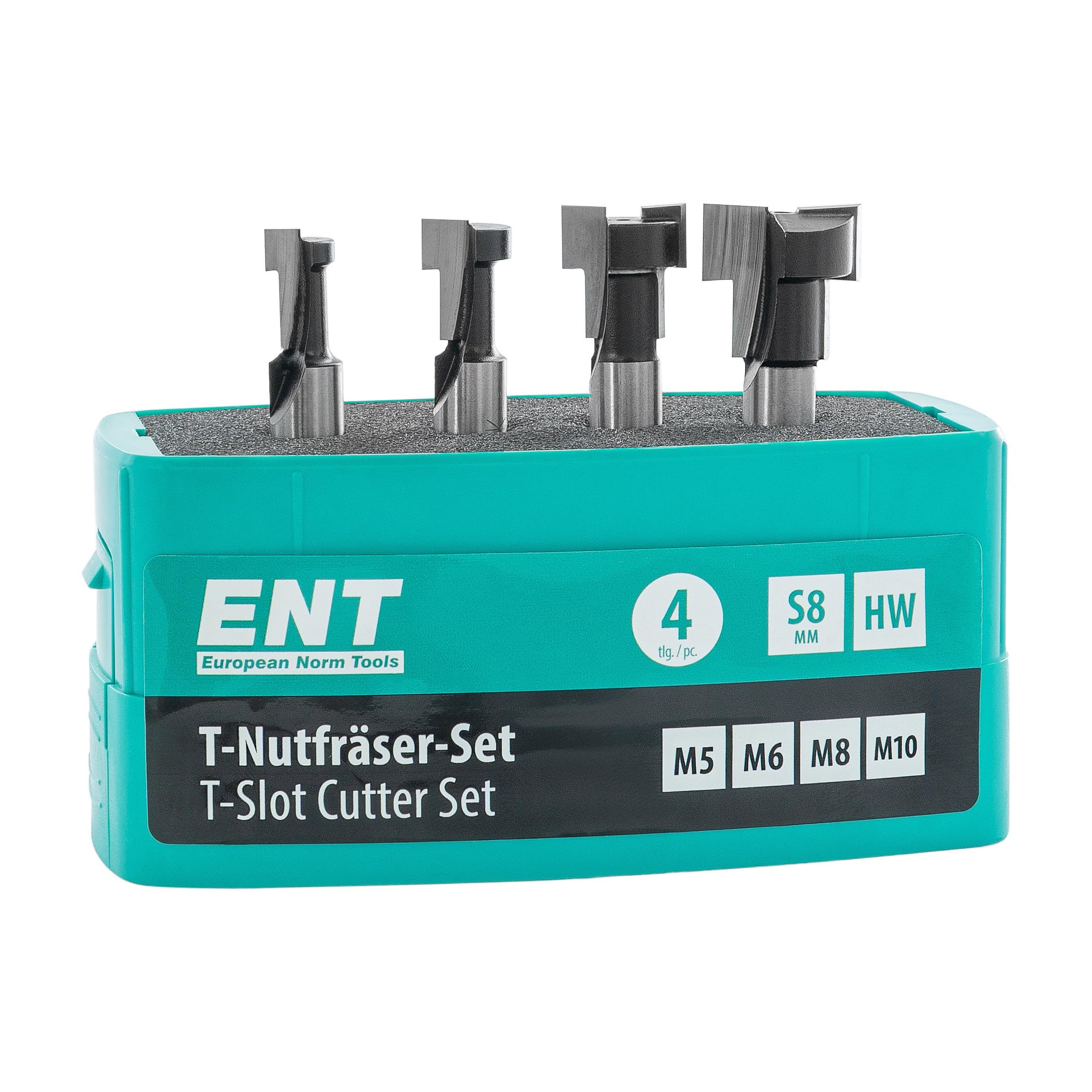 ENT 09045 Coffret de 4 fraises pour rainures en T M5 M6 M8 M10, queue 8mm, en métal dur, outil pour vis à six pans avec filetage métrique