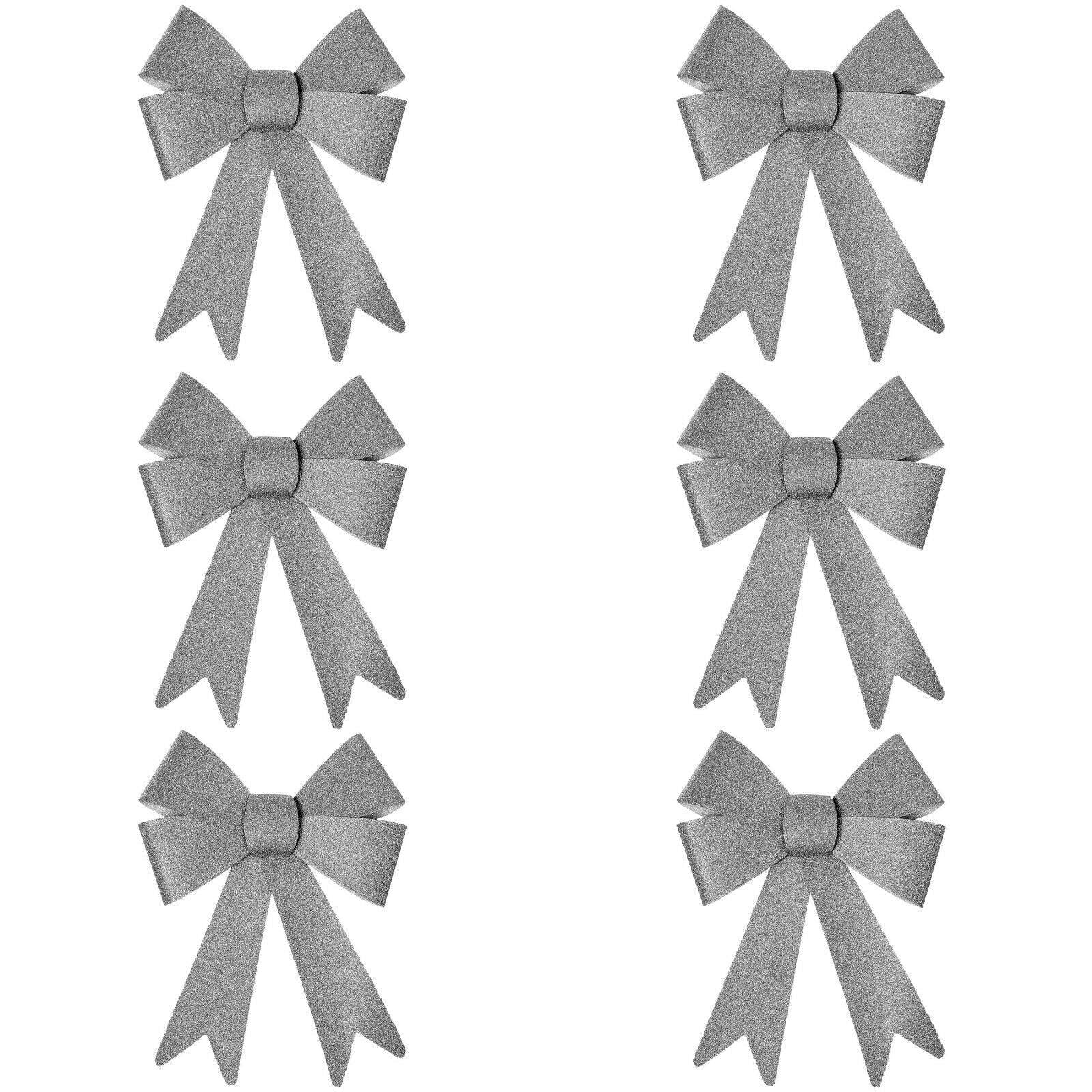 Robelli Christmas Glitter Bow Decorations - Pre-tied For Tree/Gifts/Table - 6 x S (Silver)