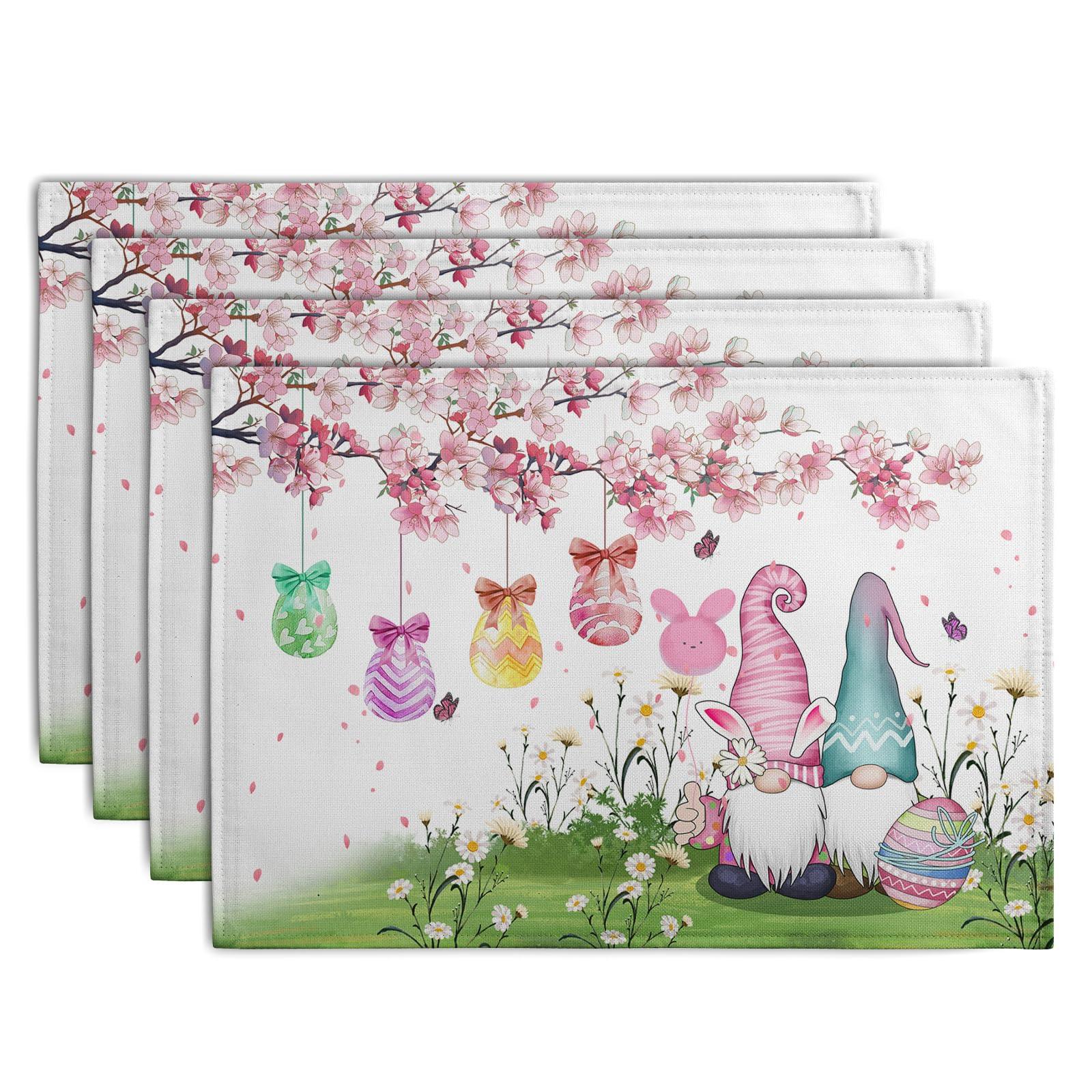 Wnoesat Easter Gnomes Bunny Placemats Set of 4 Easter Eggs Flowers Place Mat 12x18 Inch Seasonal Spring Farmhouse Washable Linen Table Mats for Party Kitchen Dining Outdoor Indoor Decor