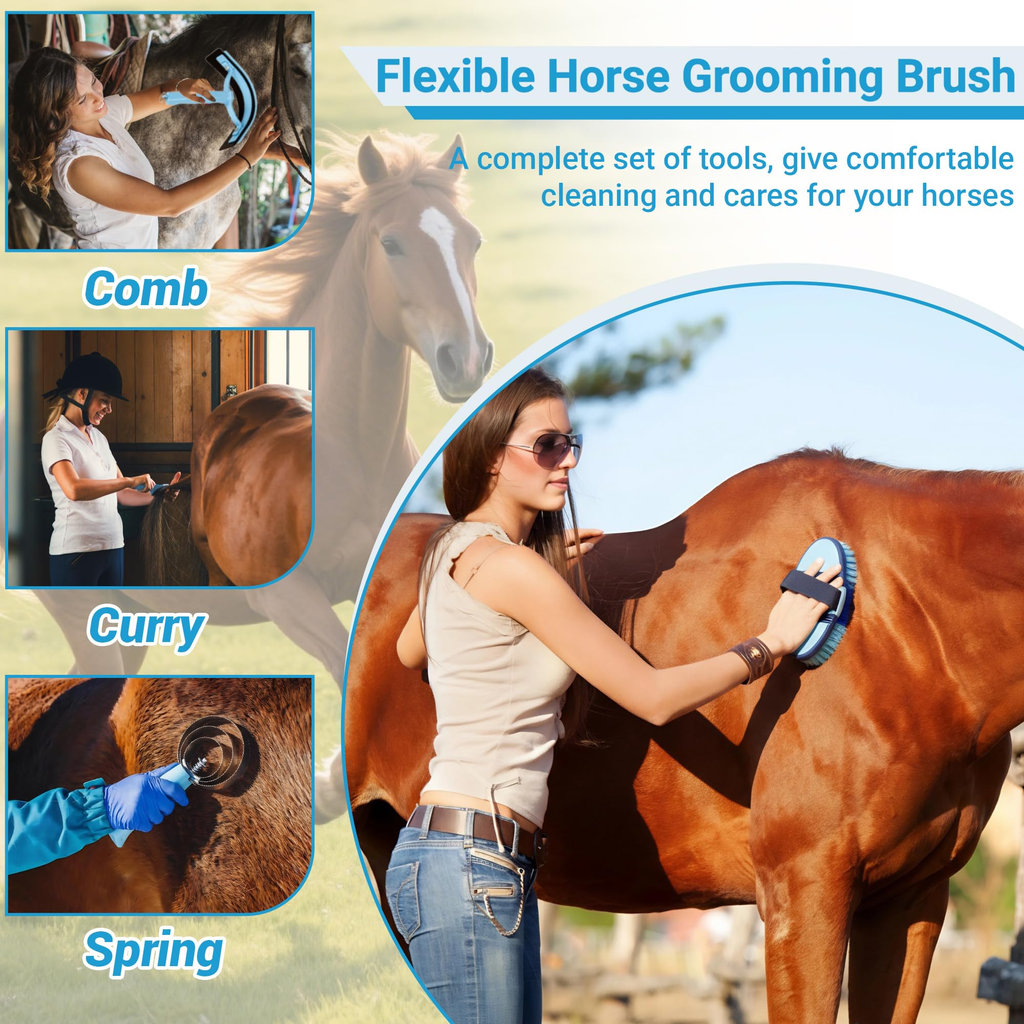 Horse Grooming Kit, 14-in-1 Professional Horse Brush Supplies Set for Grooming & Care, with Horse Brushes, Curry Comb, Hoof Pick & Waterproof Storage Tote Bag for Shining, Detangling, Massaging(Blue) - image 4