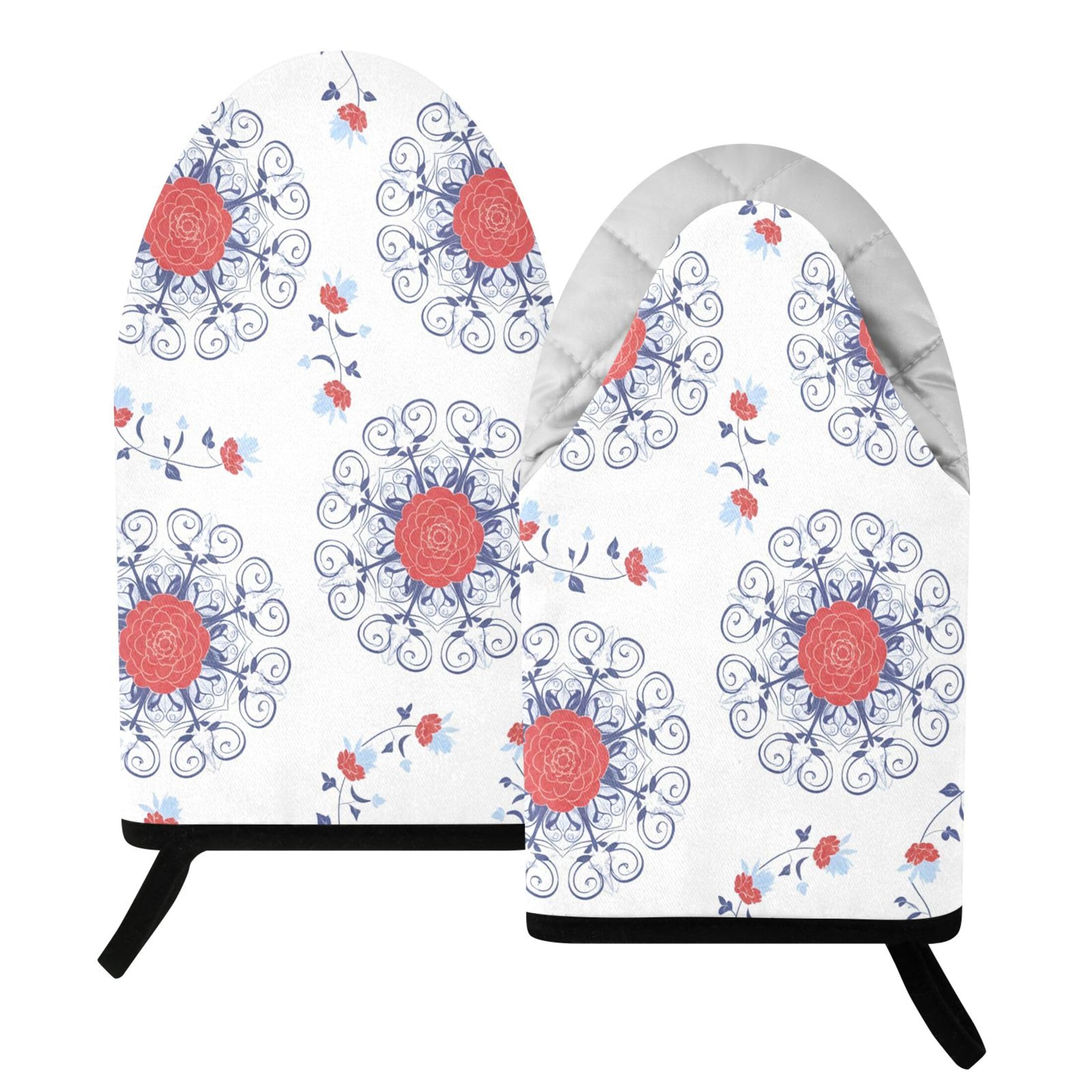 Kutsu Mandala Oven Mitts for Kitchen, Heat Resistant Cotton Oven Gloves for BBQ Baking Cooking, Breathable Kitchen Essentials, 2 pcs
