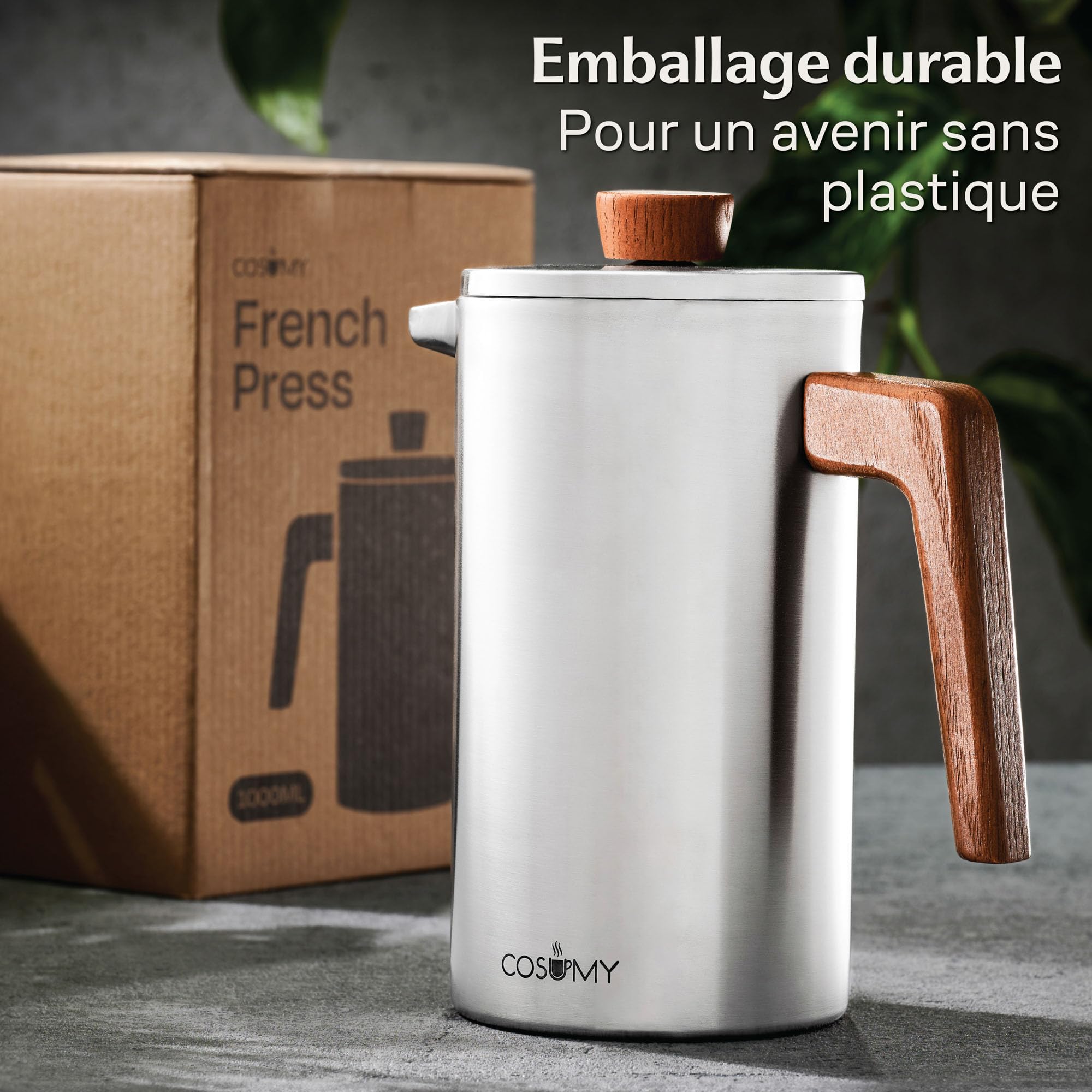Cosumy Cafetière à Piston Inox 1l pour 5 Tasses - Double Paroi Isolante - Garde le café chaud - Acier Inoxydable et Bois de chêne FSC