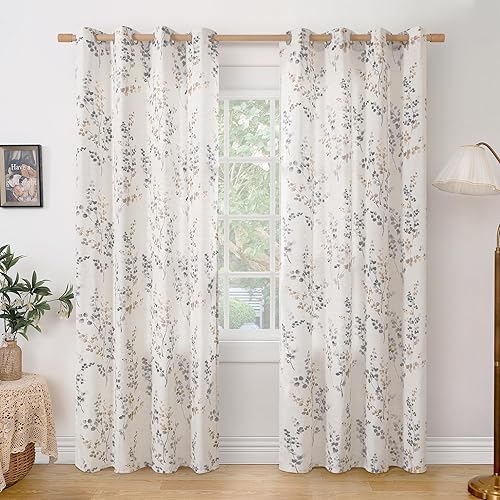 BGment Linen Curtains for Living Room 84 Inch Length 2 Panels Set Floral Leaf Patterns, Light Filtering Privacy Window Curtains for Bedroom Boho Farmhouse Vintage, Each 52 Inch Wide, Brown