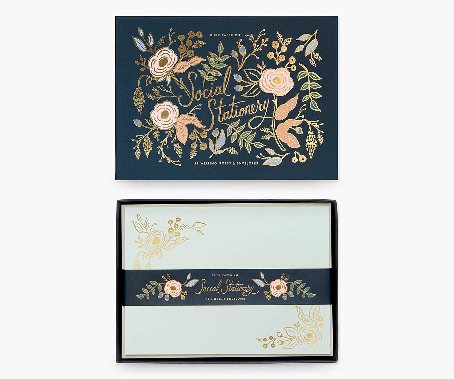 RIFLE PAPER CO. Colette Social Stationery Set, Our Social Stationery Sets Include 12 Cover-Weight Flat Notes, Each with a Three-Count of Four Different Designs, and Envelopes Insides a Matching Box