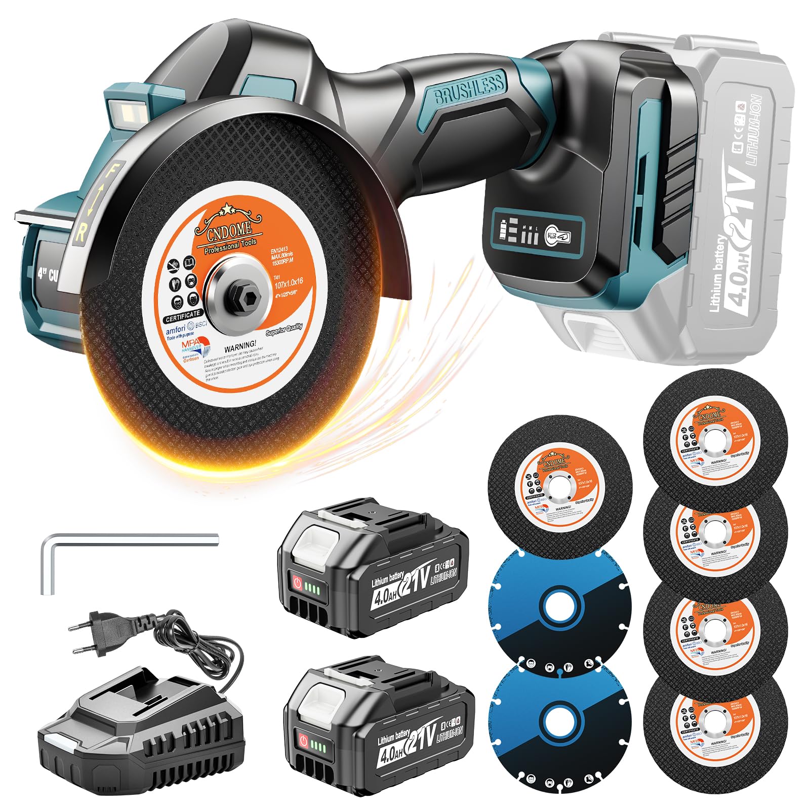 Yofuly Mini Amoladora Angular Batería 100mm Compatible con baterías Makita de 18v, 3 Velocidades 18000RPM Radial Pequeña Eléctrica con 7 Discos de Cort, 2 Baterías de 4,0 Ah