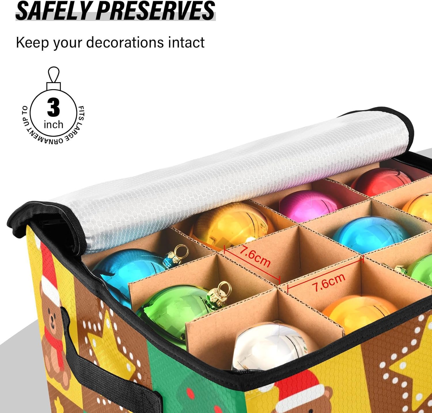 High Capacity Christmas ornament storage containers Holds Up to 64, Zippered Top Foldable Holiday Storage Case with Lid,Christmas Cute Brown Bear