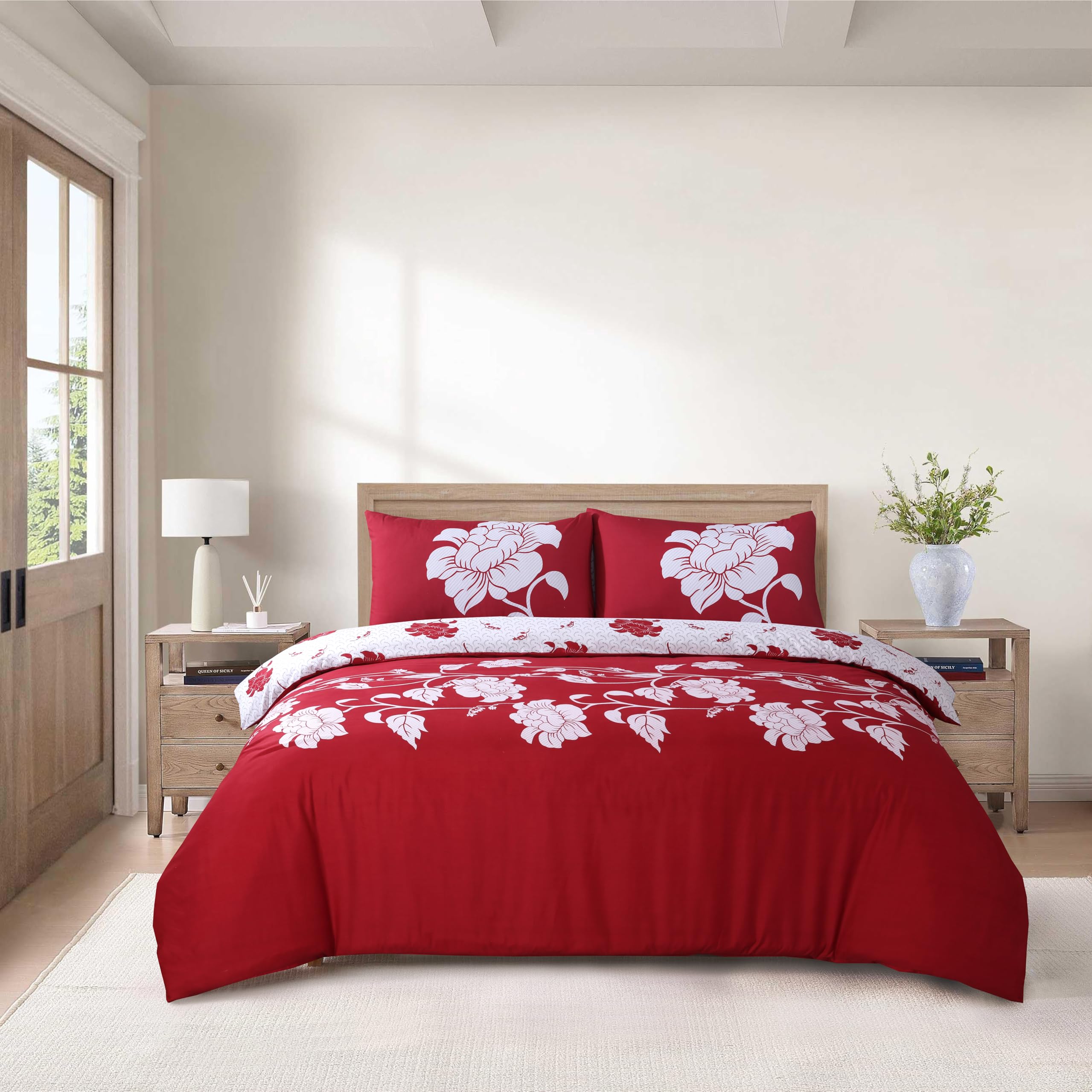 CHARKHAH 4 Piece Complete Bedding Set – Microfiber Reversible Duvet Cover, Deep Fitted Sheet & 2 Pillowcases | Soft, Breathable & Elegant - MF-QA-COM-SET-KING-RICHMOND-RED
