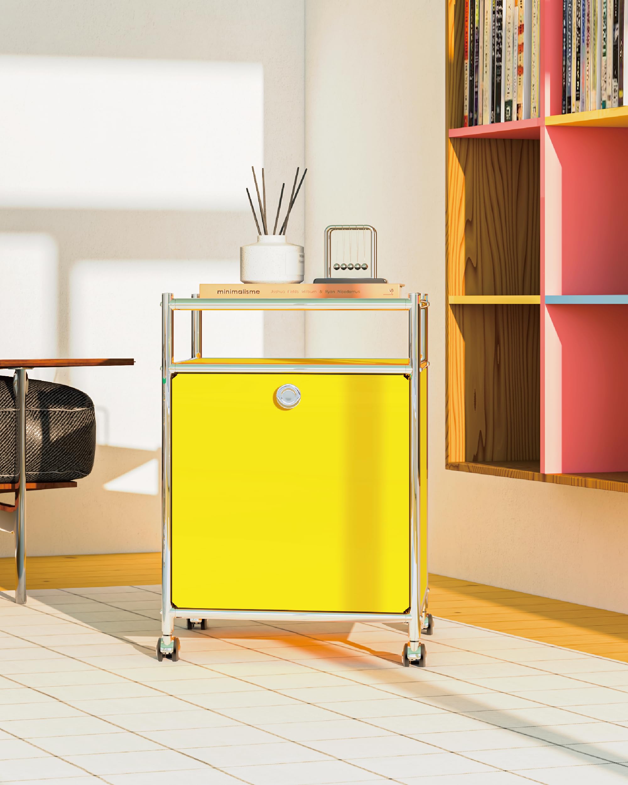 Chariot de Rangement Mat avec Porte à Rabat, Grande capacité, roulettes Amovibles, mobilier Moderne à Monter soi-même, idéal pour la Maison, Le Bureau, la Chambre, la Cuisine (Jaune Mat)
