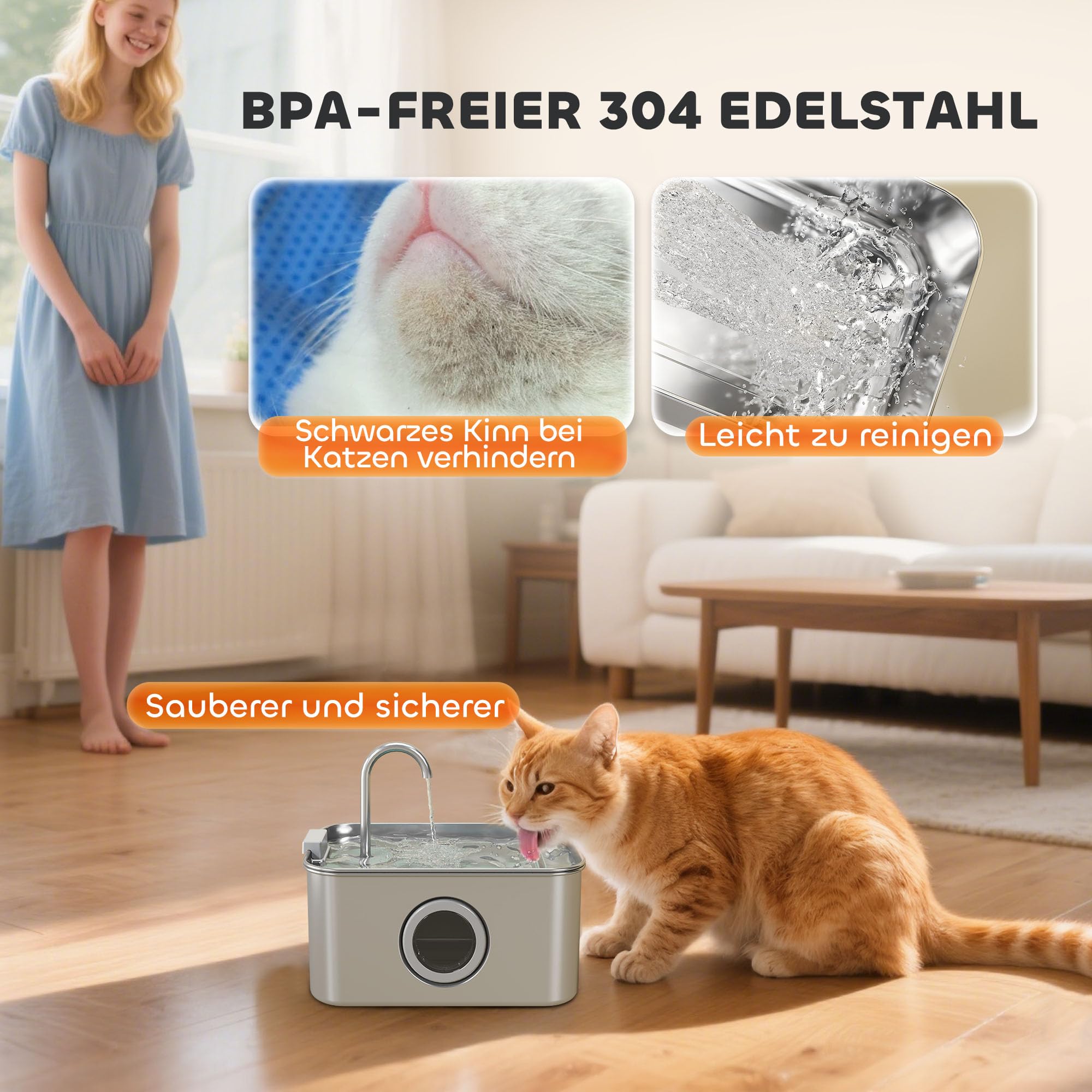 PawHut Fontanna dla kota z cichą pompą dla kotów i psów 3,2L srebrny | Fontanna dla kota ze stali nierdzewnej, Okienko poziomu wody, Filtr z węglem aktywnym, LED, System filtracji