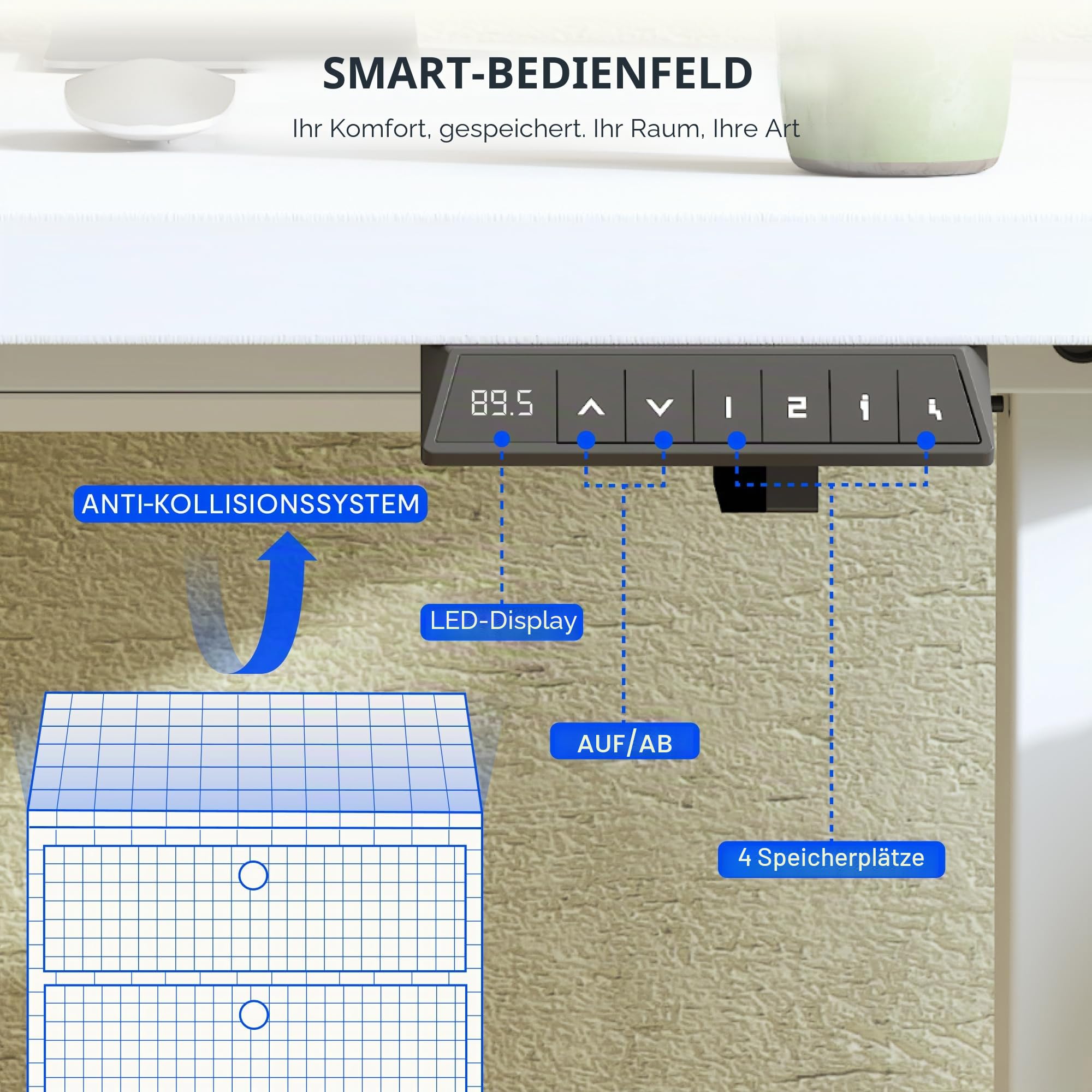 FlexiSpot Höhenverstellbarer Schreibtisch Gestell mit 2 Haken und Höhenmemory-Funktion & LED-Höhenanzeige, Elektrisch höhenverstellbare Tischbeine (Weiß)