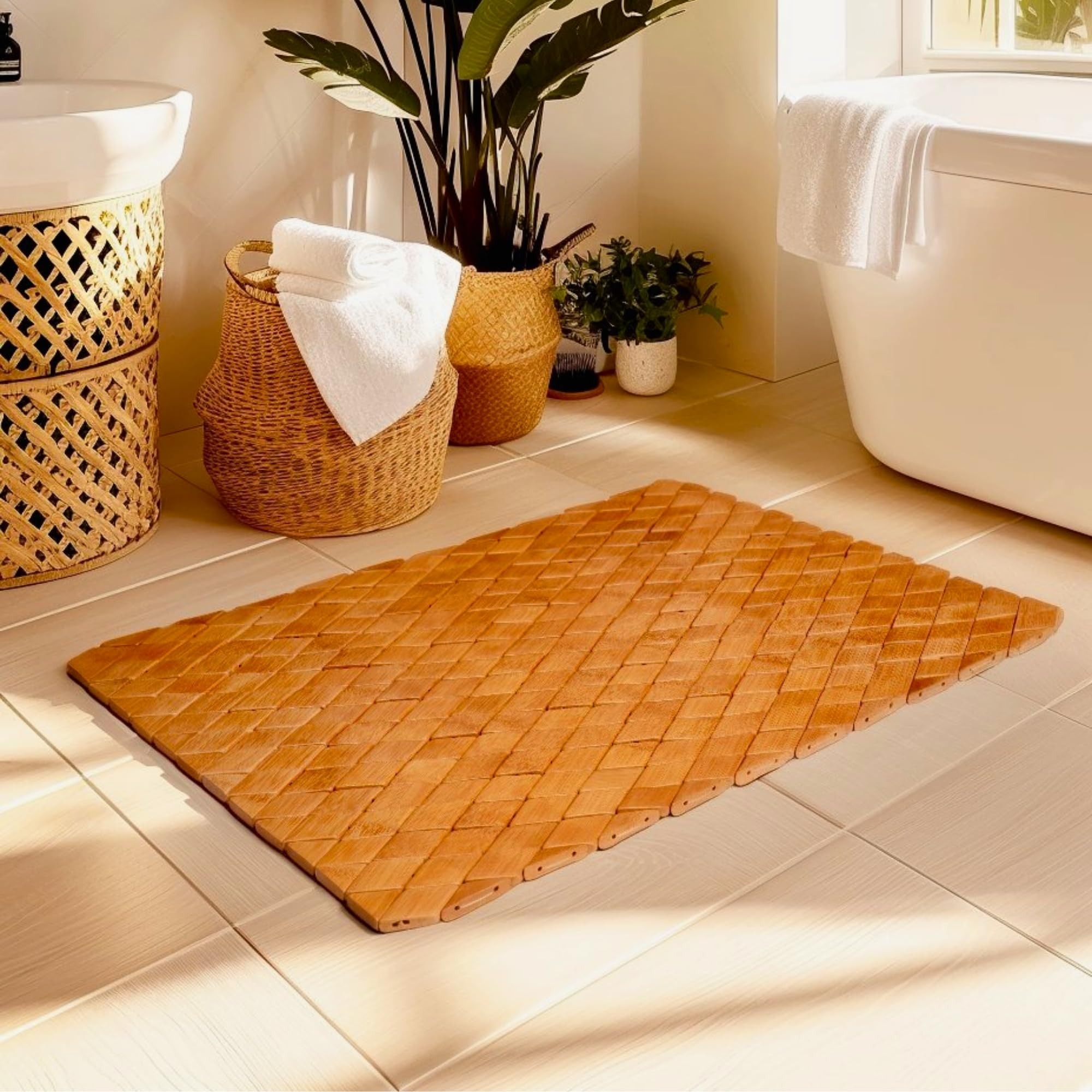 45x70 cm Baklava Desen Bambu Banyo Matı | Kaymaz Doğal Ahşap Banyo Paspası | Suya Dayanıklı Dekoratif Banyo ve Ev Matı