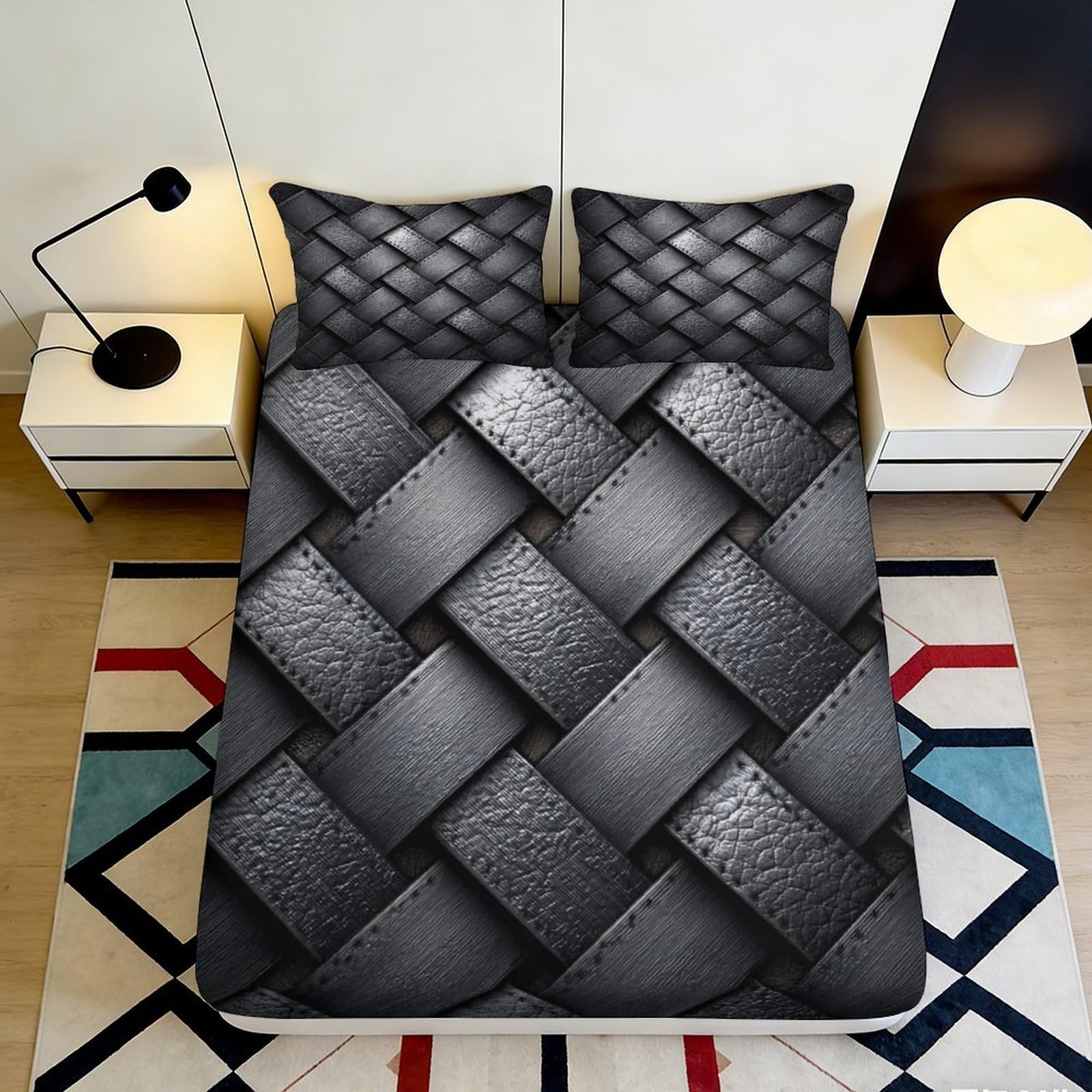 3D Printed Woven Texture Fitted Sheet Microfiber Soft Anti-Slip Dark Geometric Mattress Cover for Bedroom Dorm Decor 90x200x25cm