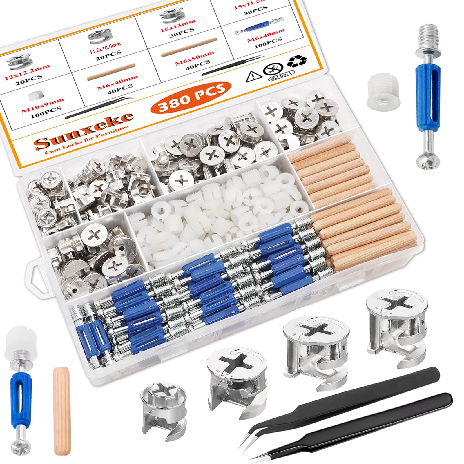 Sunxeke 380PCS Cam Locks for Furniture,Include 300 Multi-Size Cam Bolt & Nuts Set and 80 Wood Dowel Pins,3-in-1 Eccentric Wheels Furniture Cam Lock