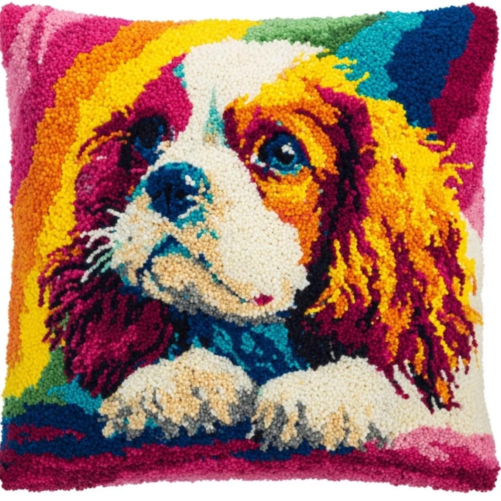 AxiangziK Latch Hook Kits for Adults,Charles Spaniel Animal Dog Latch Hook Pillow Kits,17x17in Crochet Yarn Kit for Beginners,DIY Needlework Crafts Cover Case with Printed Canvas