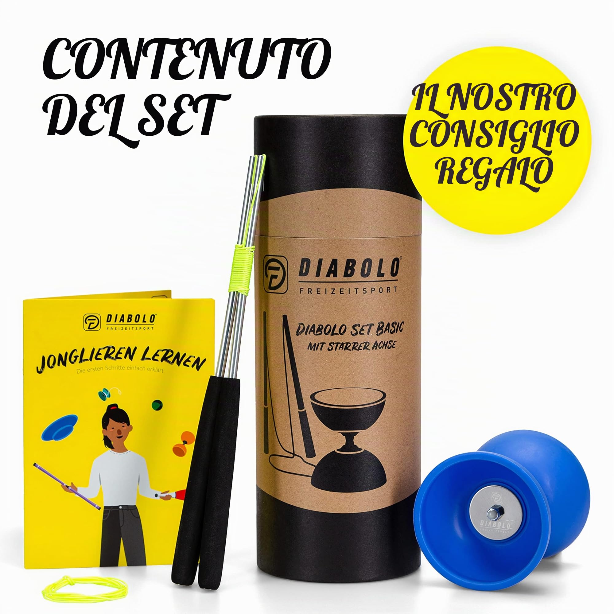 Diabolo Freizeitsport - Diabolo - Set di giocoleria Basic - Blu - Bacchette in alluminio - Spago di ricambio aggiuntivo - Guida inclusa - Ideale per bambini e principianti