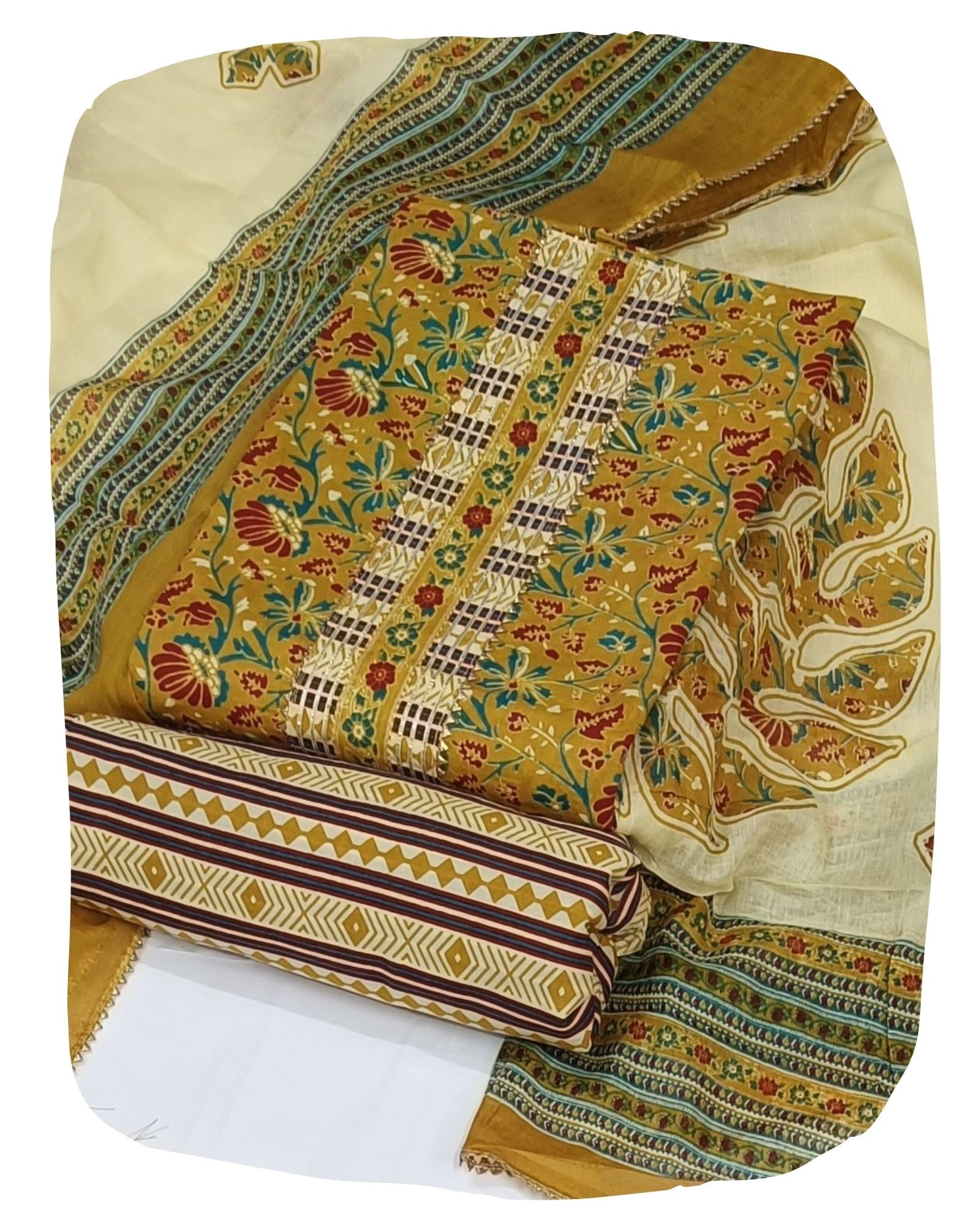 Women's Jaipuri Printed Embroidered and Hand Work Premium Cambric Cotton Unstitched Salwar Suit Dress Material with Mulmul Cotton Dupatta-image-37