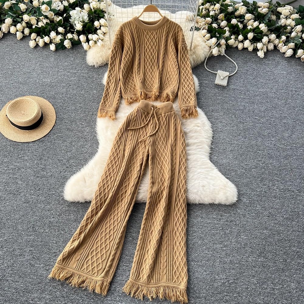 Completi da Donna 2 Pezzi Tuta - Completo Due Pezzi Caldo con Nappe Maglione Girocollo E Pantaloni Lunghi con Coulisse Stile Francese Tinta Unita Jacquard Abbigliamento da Casa