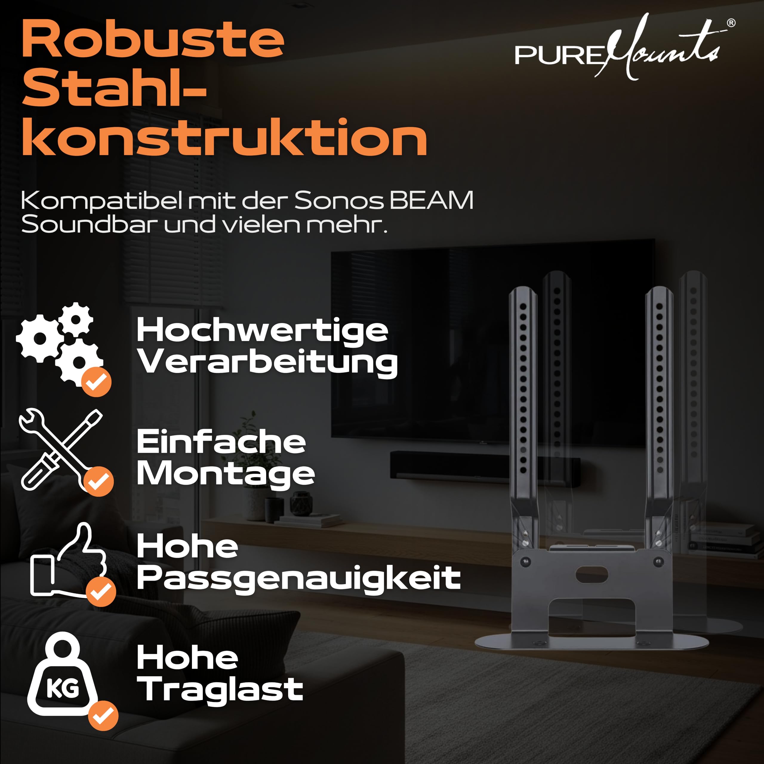 PureMounts PM-SOM-080 pour montage direct sur téléviseur compatible avec SONOS BEAM Barre de son, charge utile: 5 kg, noir