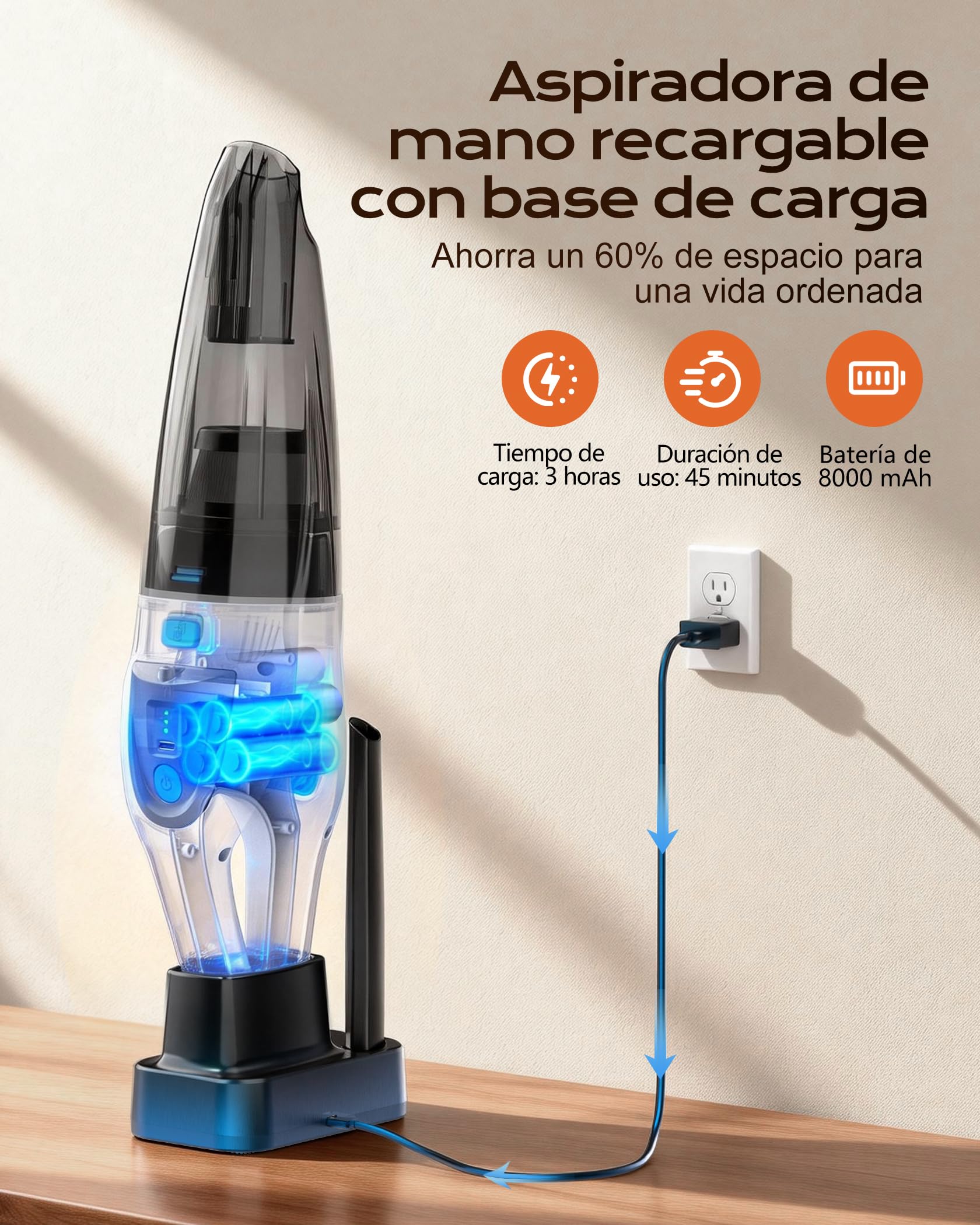 Topipop Aspiradora de Mano, Aspirador de Mano con 25000Pa de Succión, Batería 8000mAh y Filtro HEPA Lavable, con Luz LED, 3 Accesorios y Base de Carga para Coche, Hogar y Pelo de Mascotas(Blanco)