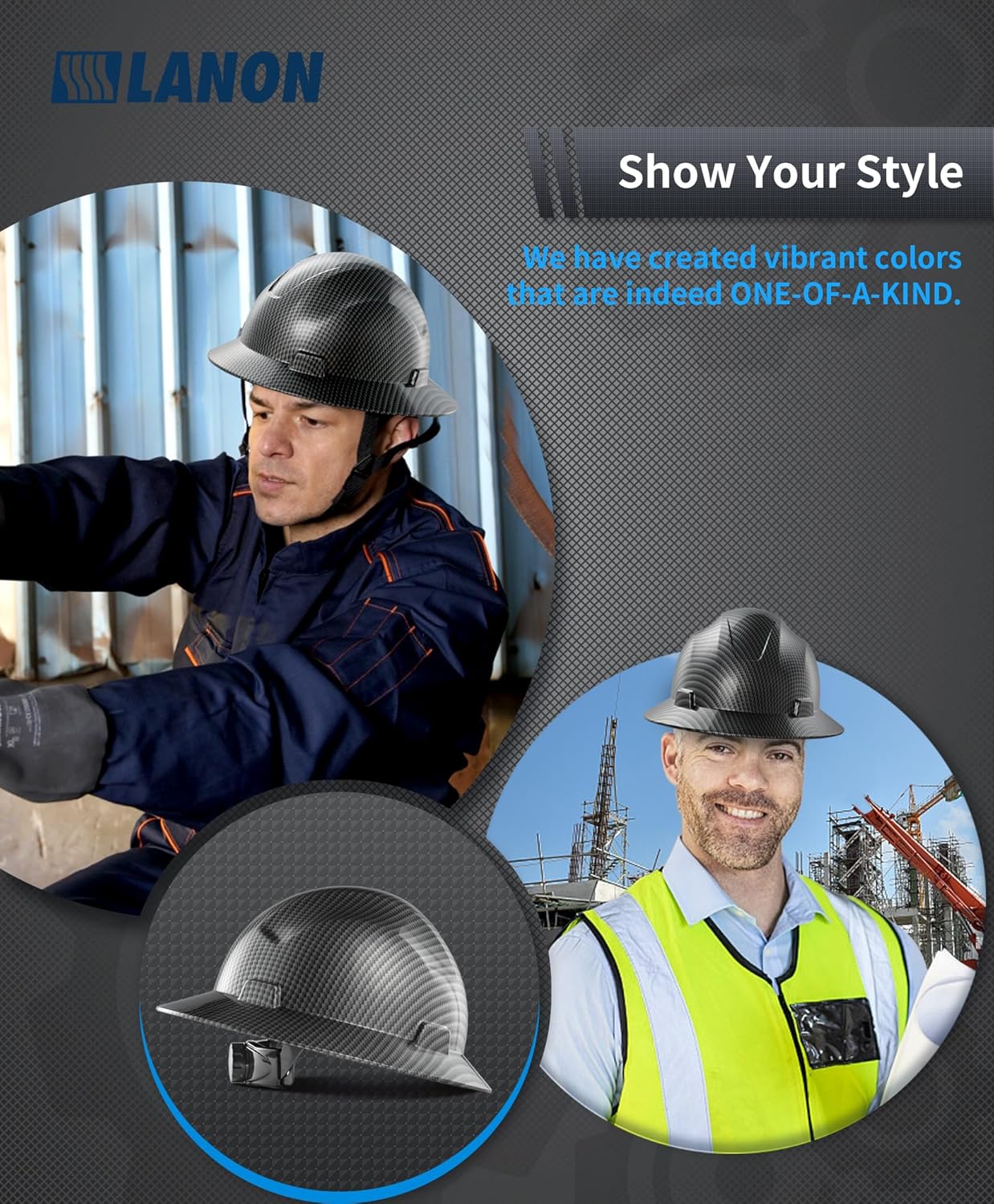 LANON Full Brim Hard Hat, OSHA Construction Work Approved, Premium Charcoal Gray Design, FRP Safety Helmet with 4 Point Adjustable Ratchet Suspension, Class C