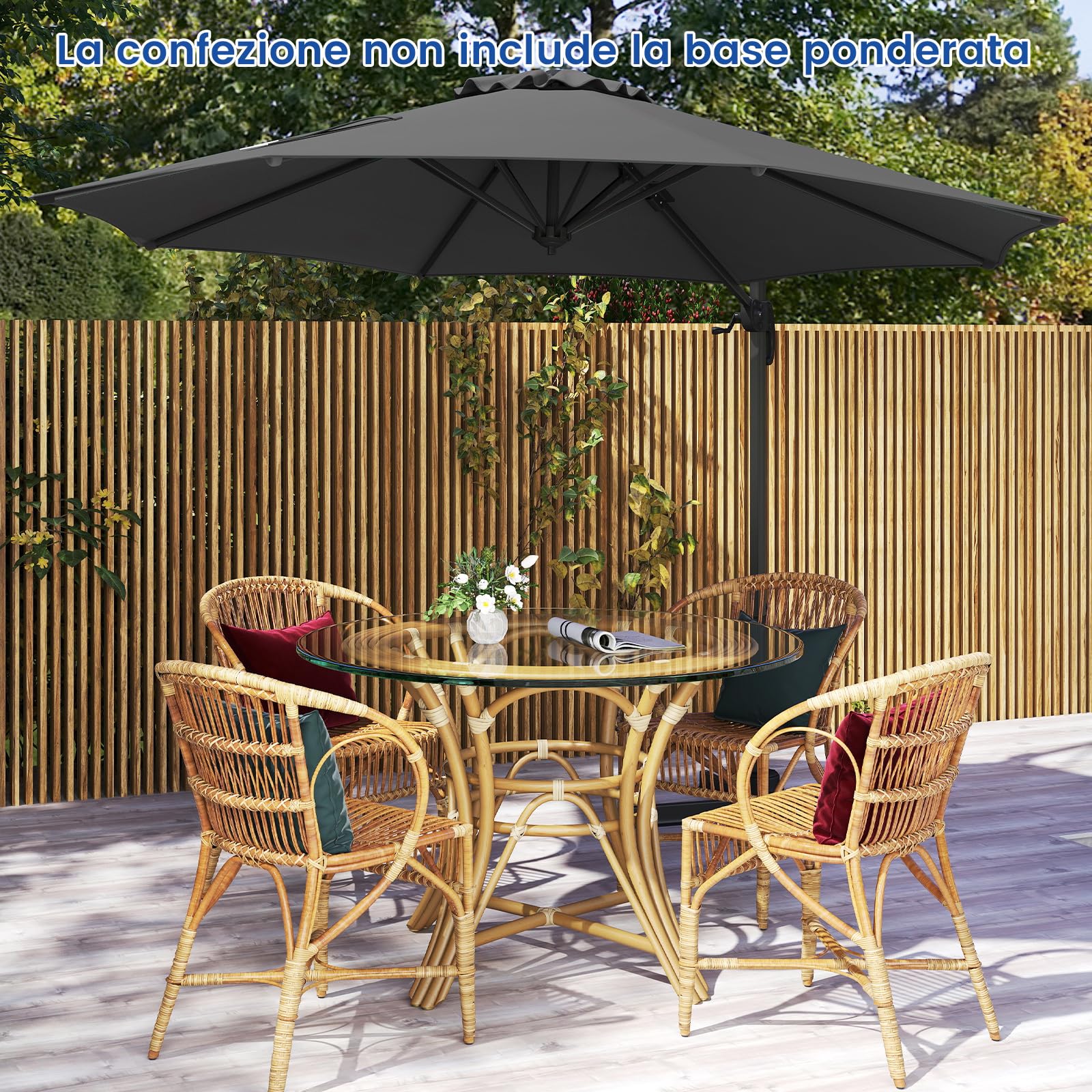 COSTWAY Ombrellone a Cantilever da Giardino 294 cm, Rotazione 360° e 5 Angoli Regolabili, 8 Stecche Base a Croce, Impermeabile, per Cortile Piscina Esterno(Grigio)