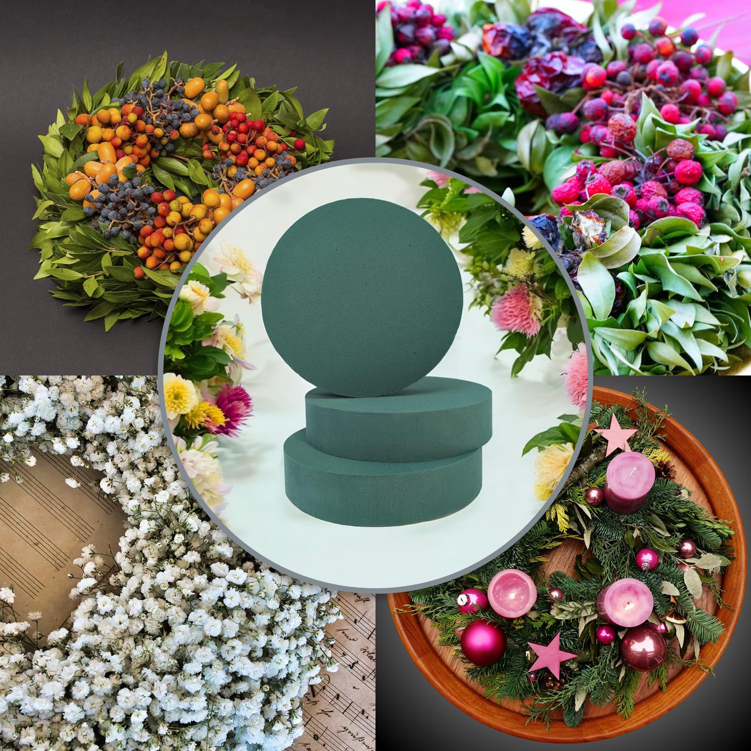 Kit per la disposizione fiori, confezione da 6 pezzi, in schiuma floreale rotonda, in ciotola di design singolo, per centrotavola da tavolo, decorazione per matrimoni, matrimoni, feste, verde