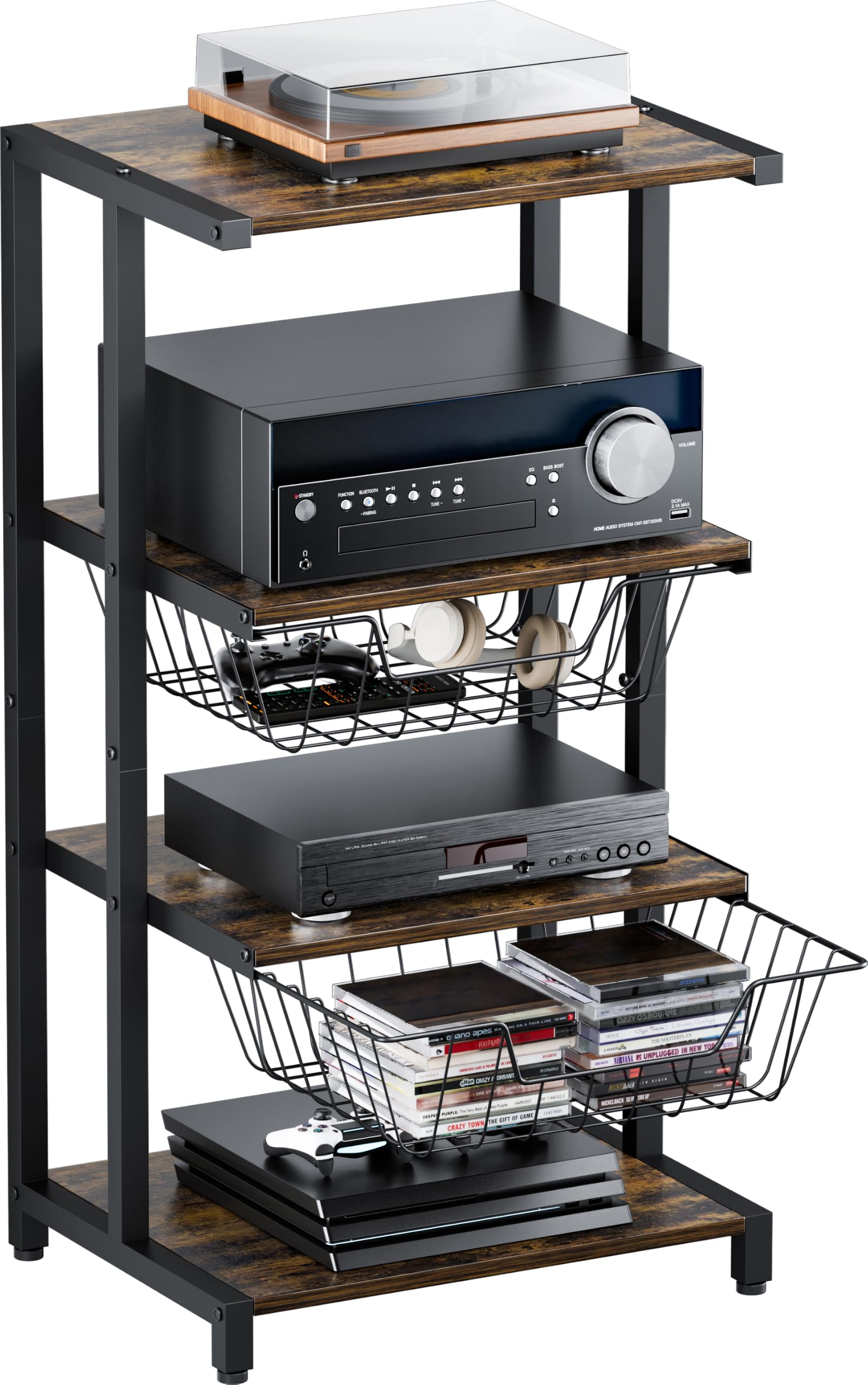 Media Stand with Two Detachable Baskets, 4-Tier AV Media Stand Corner Shelf for DVD Players/Cable Boxes/Games Consoles, Audio Storage Rack for Living Room, Gaming Room, Music Studio, Black-image-18