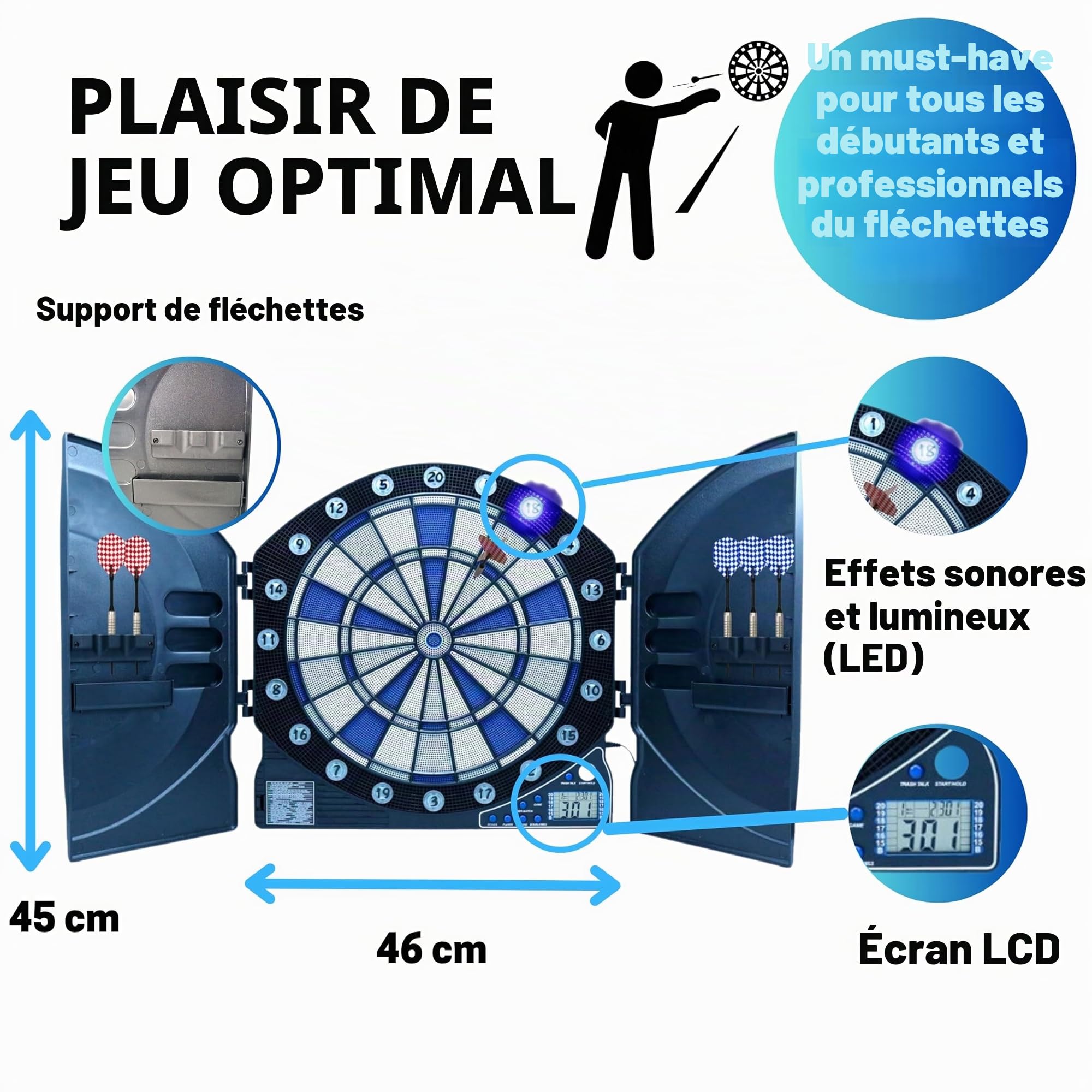 Best Sporting Cible électronique de fléchettes avec Chiffres Lumineux LED, 6 fléchettes avec Bloc d'alimentation