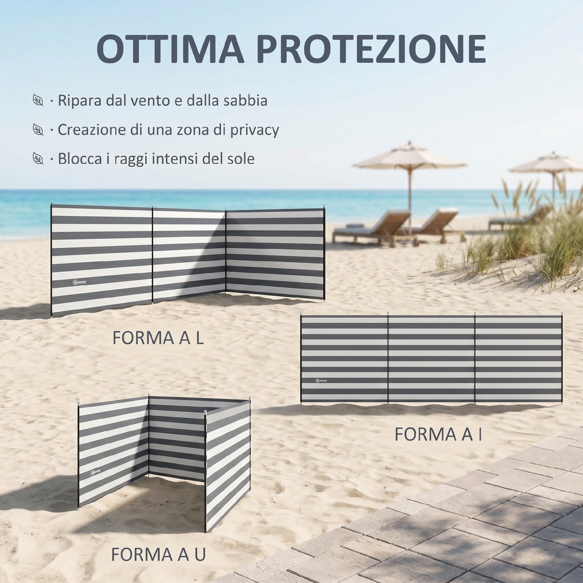 Outsunny Paravento da Spiaggia per Giardino 540x150 cm Grigio e Bianco | Pieghevole Frangivista, Tenda da Sole Laterale, Poliestere con Barre in Acciaio, per Campeggio e Spiaggia